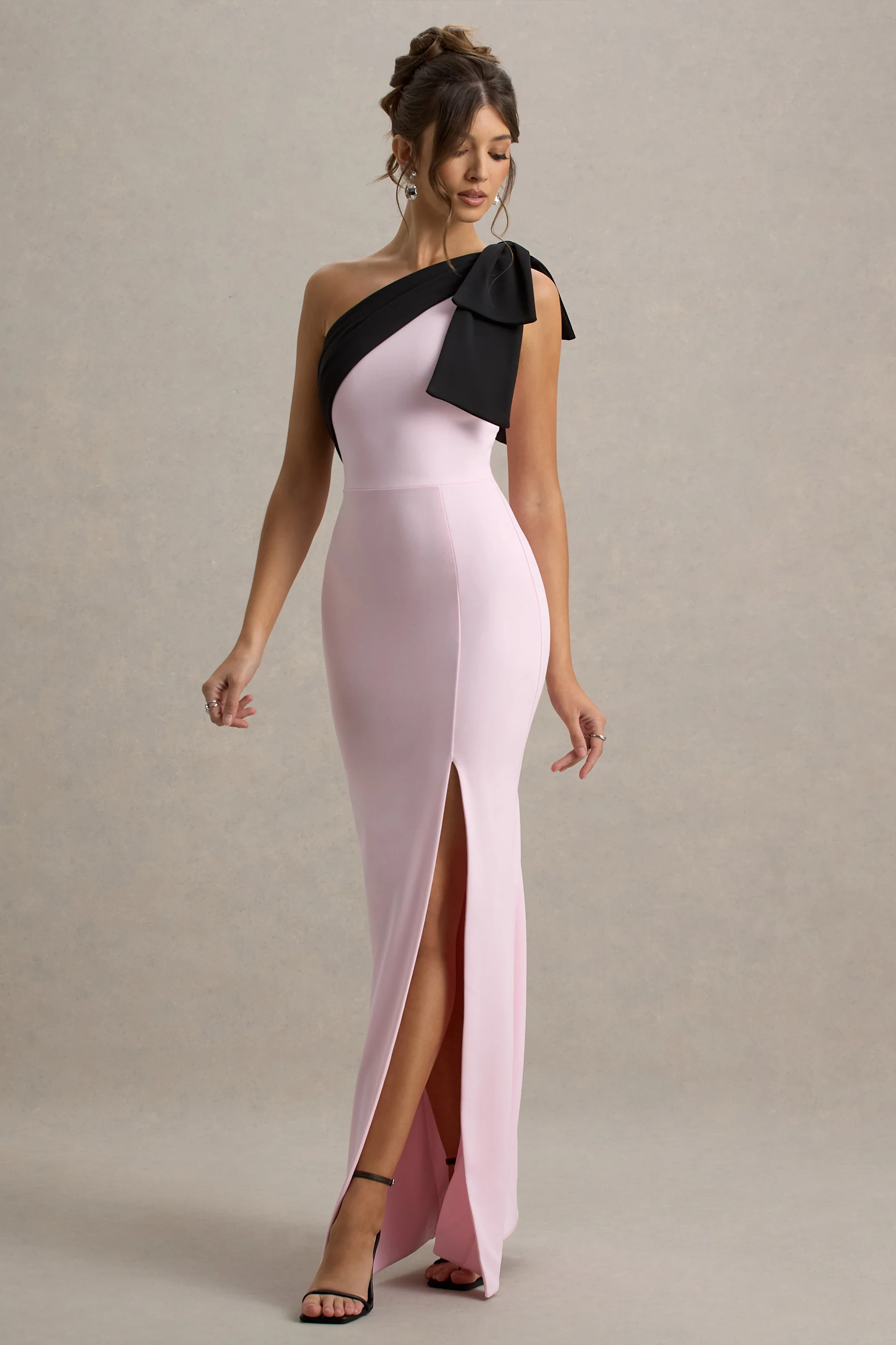 Kiri | Pink & Black One-Shoulder Bow Maxi Dress