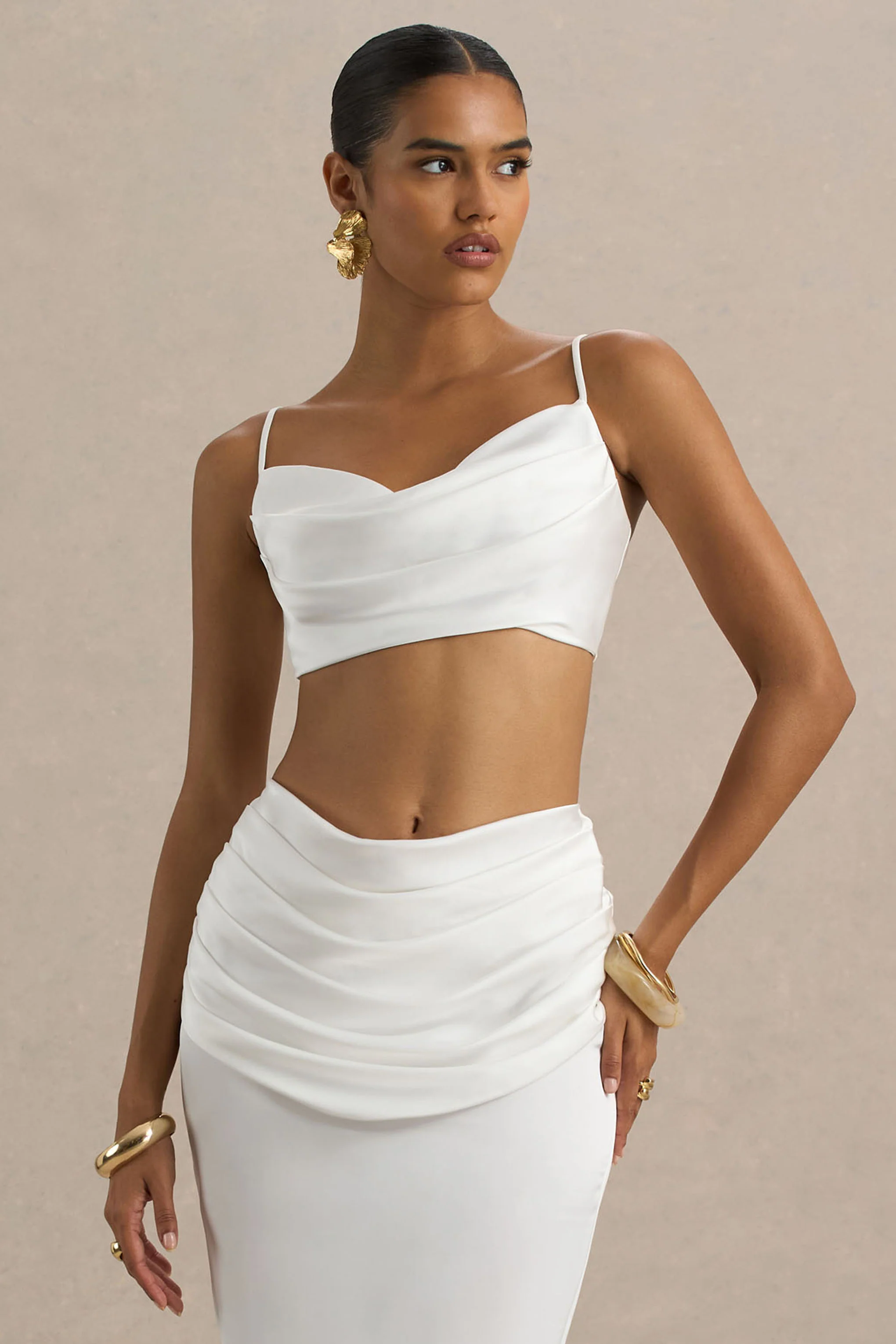 Una | White Ruched Cowl-Neck Crop Top