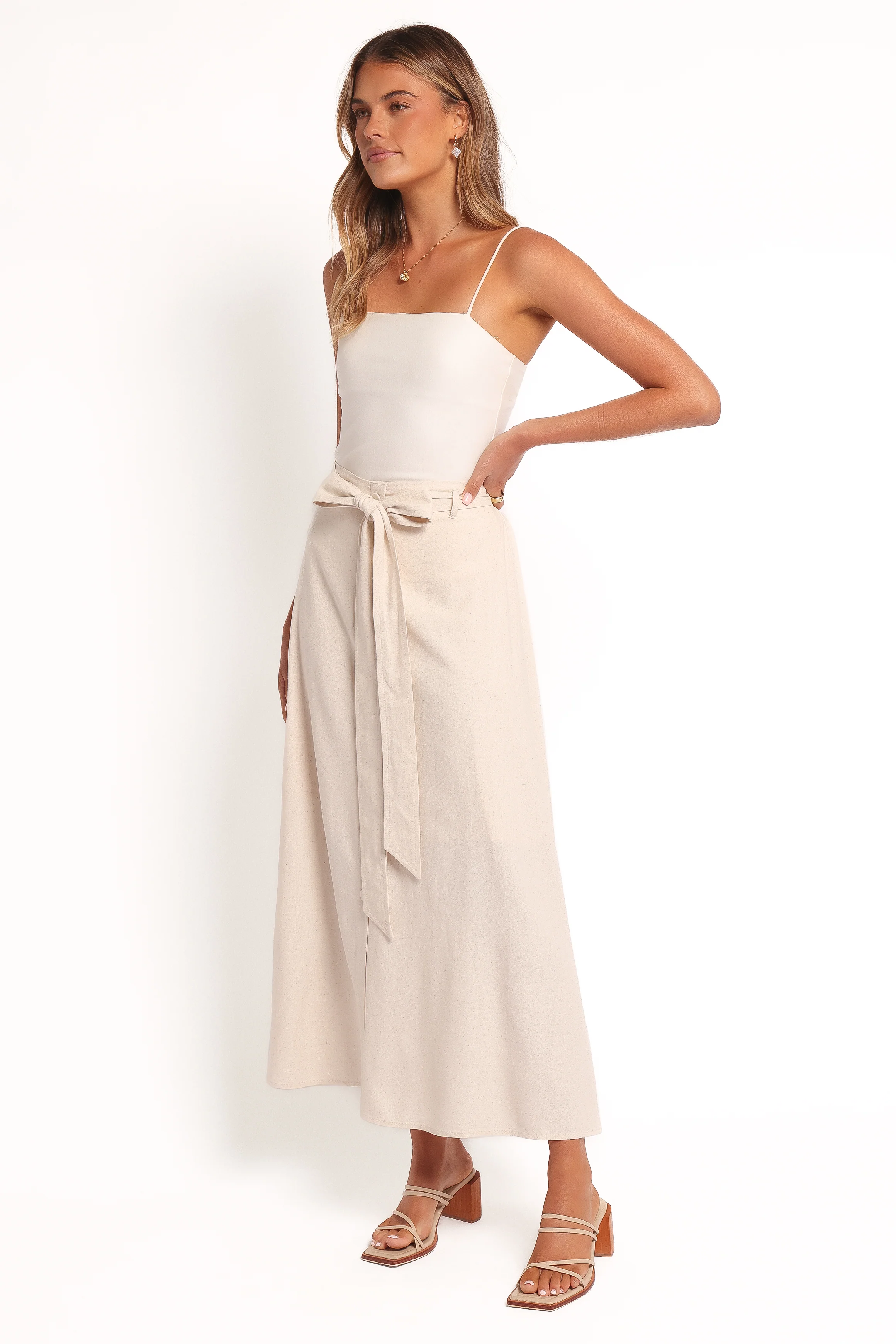 Xander Tie Waist Midi Skirt - Oatmeal