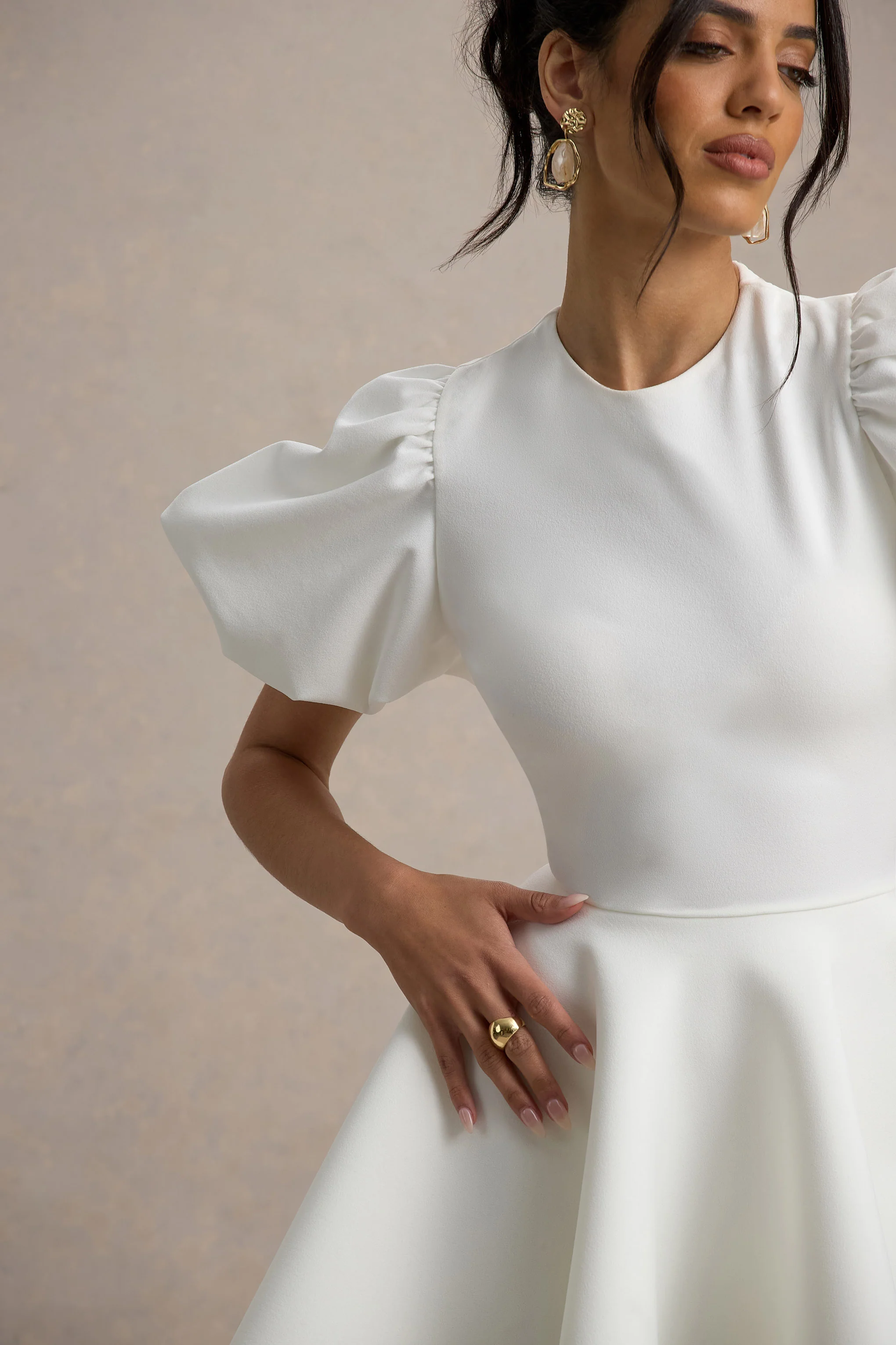 Emelia | White Puff-Sleeve Skater Dress