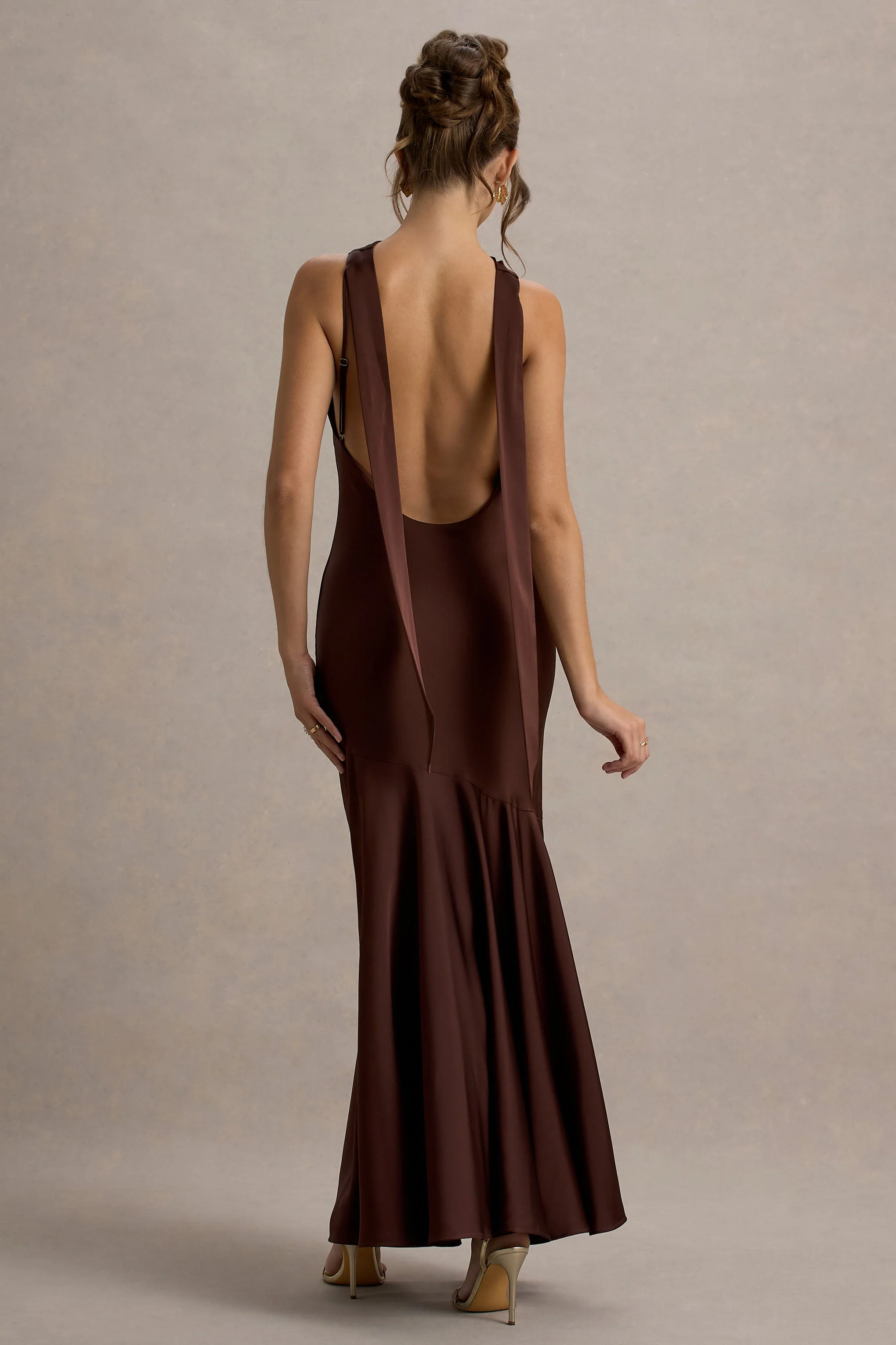 Amelita | Brown Satin Cowl-Neck Maxi Dress