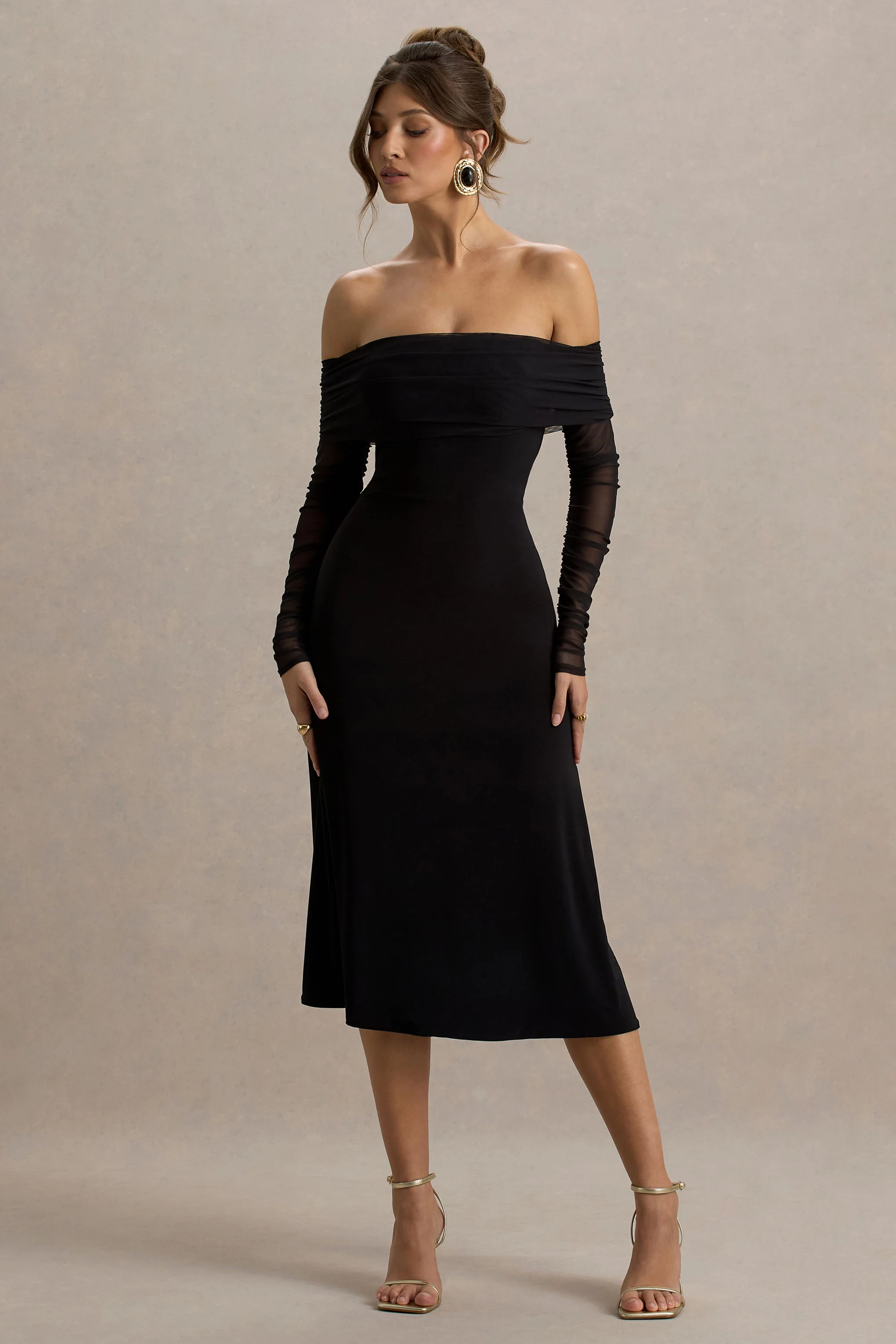 Flatter Me | Black Bardot Midi Dress With Mesh Sleeves