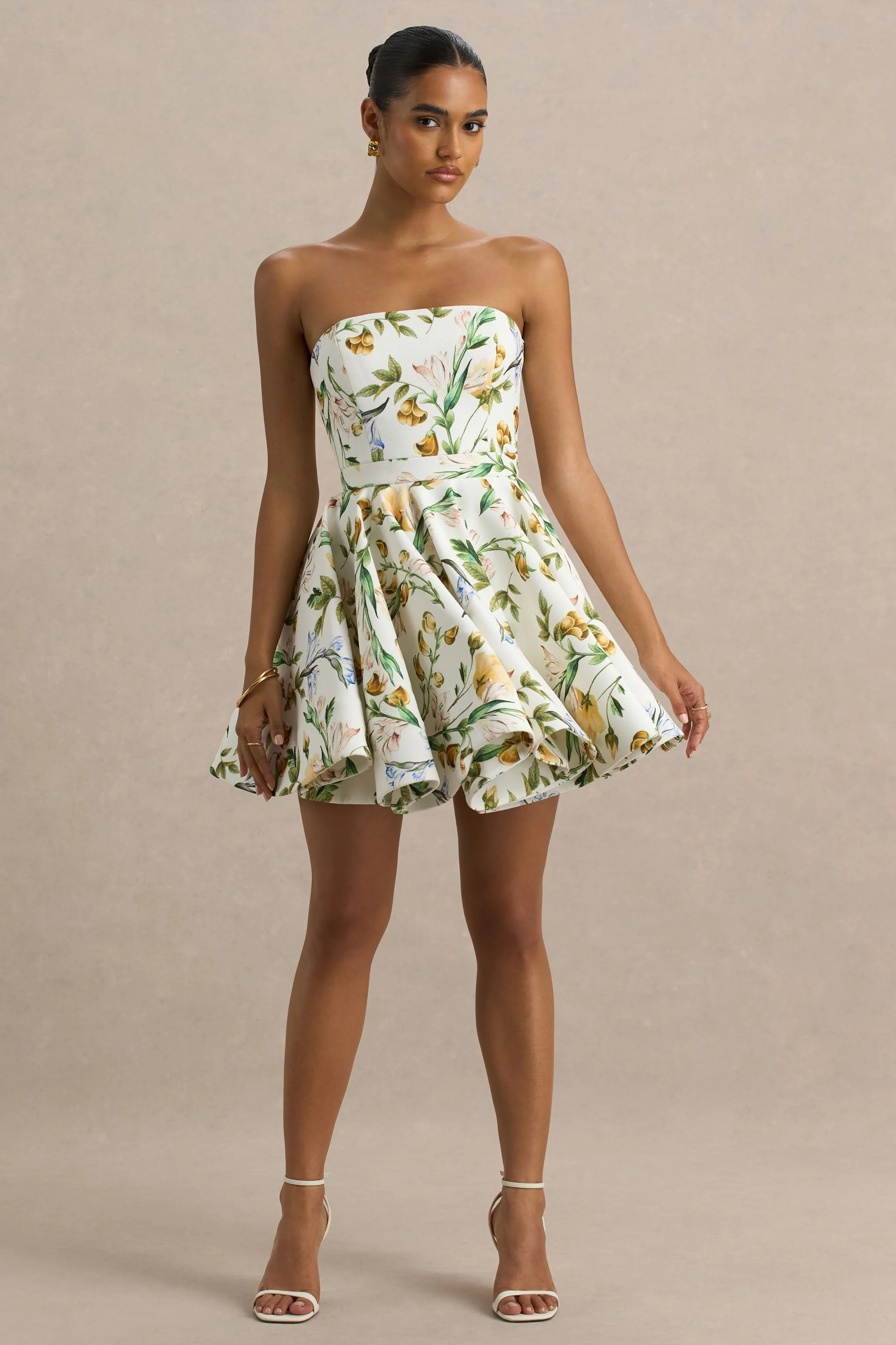 Valerian | White Botanical Print Bandeau Mini Dress With Ruffle Hem