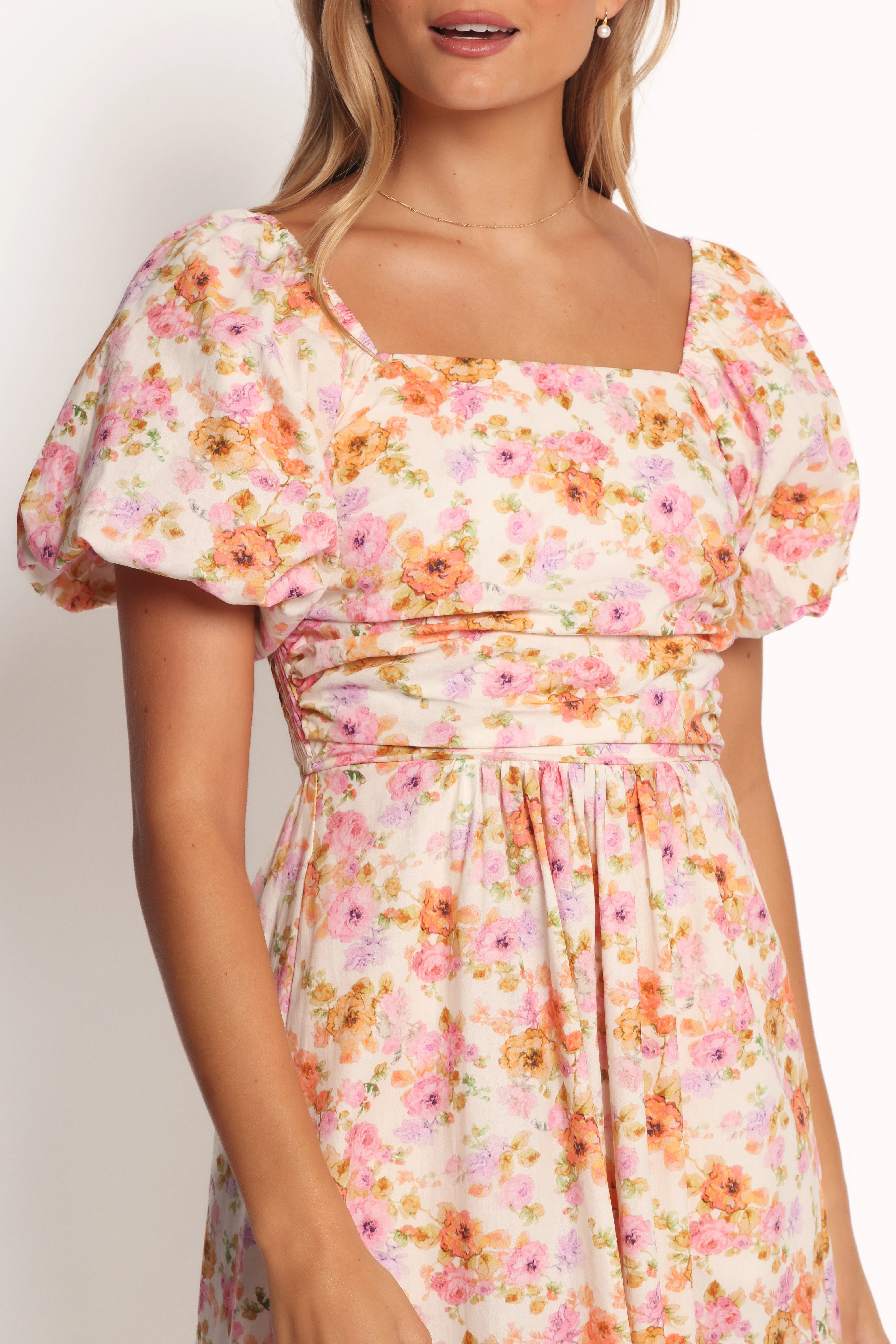 Clo Puff Sleeve Midi Dress - Peach Floral