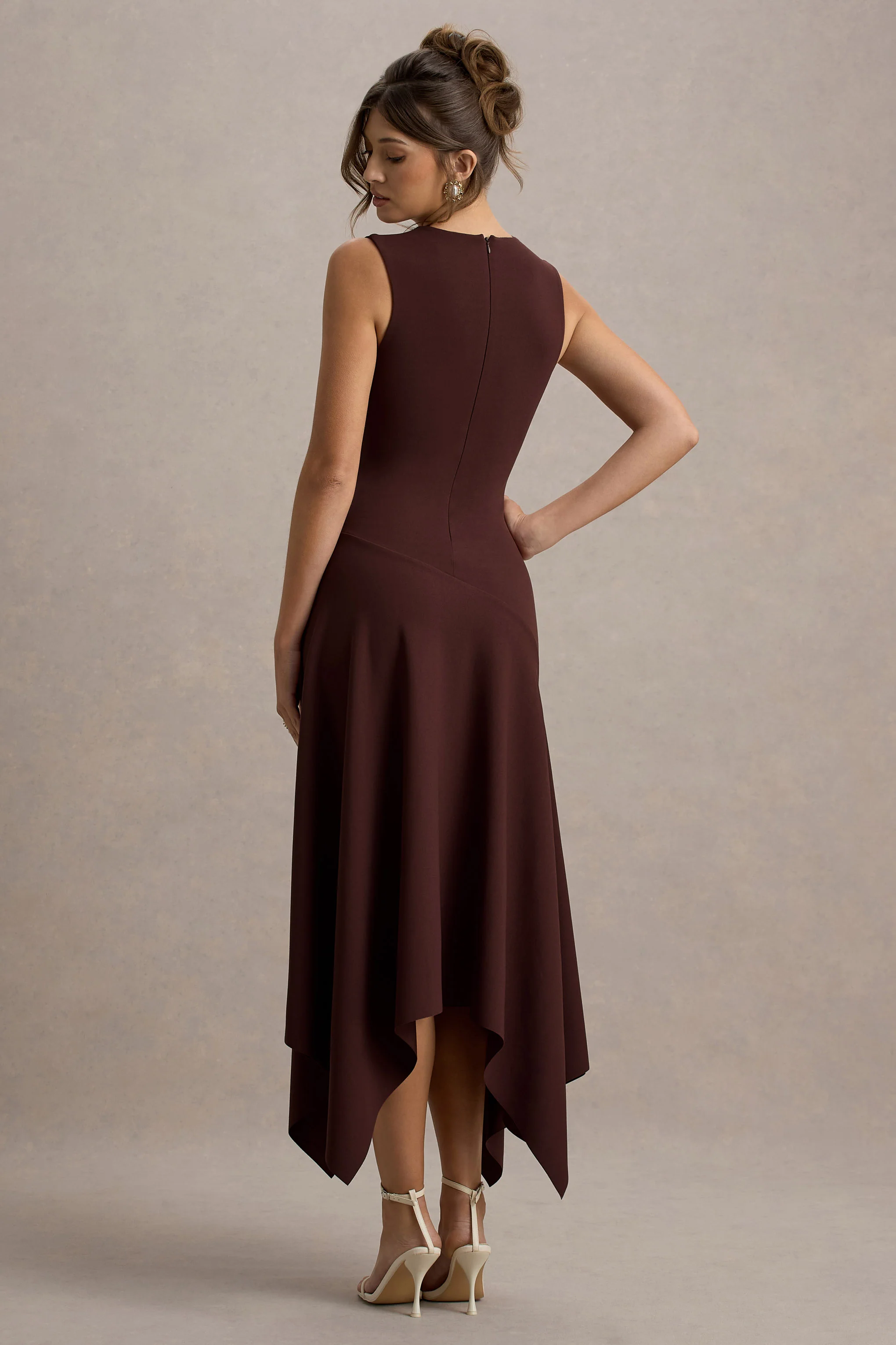 Francesca | Brown Knotted Midi Dress With Handkerchief Hem