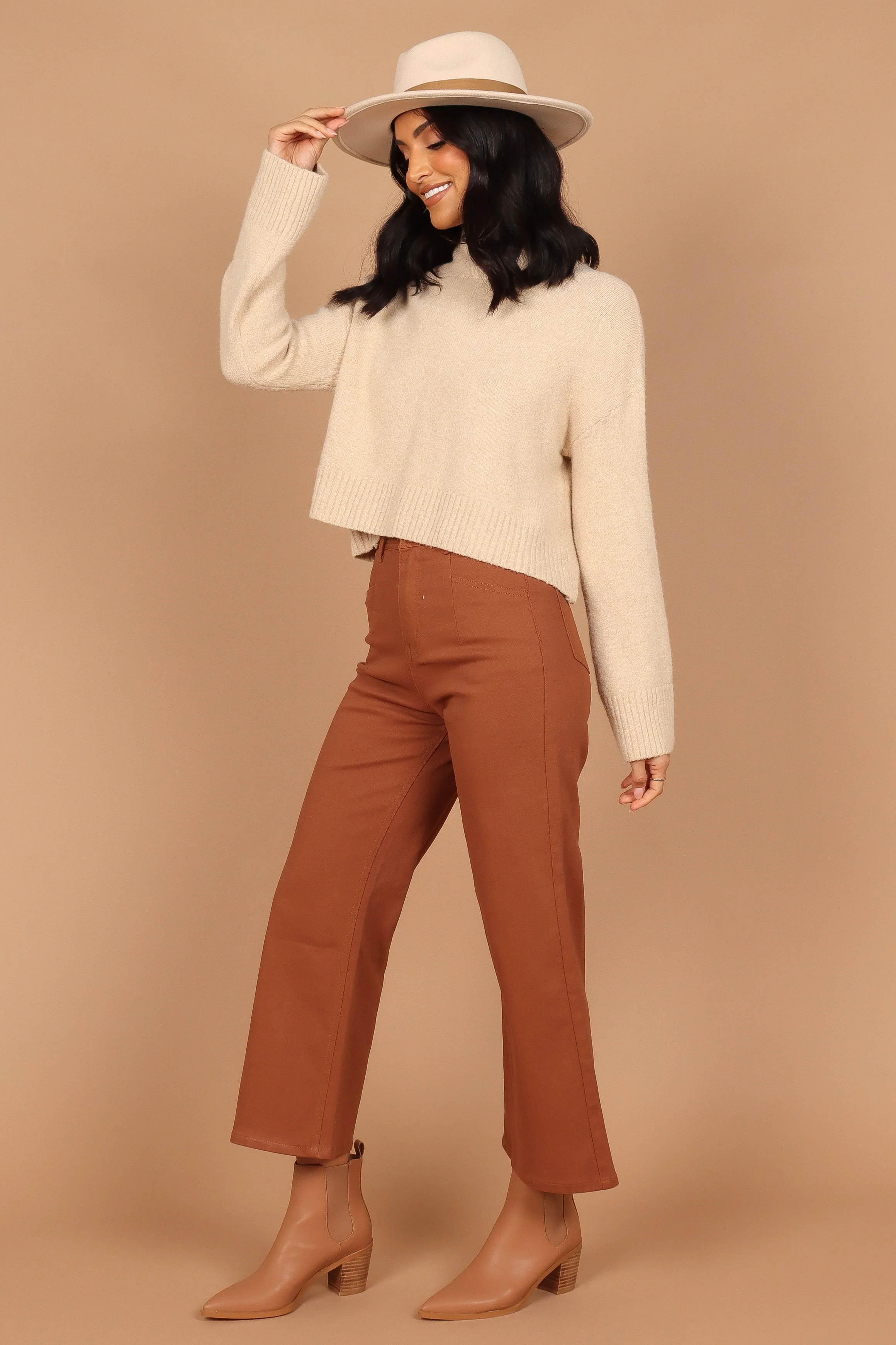 Georgette High Waisted Straight Leg Pants - Brown