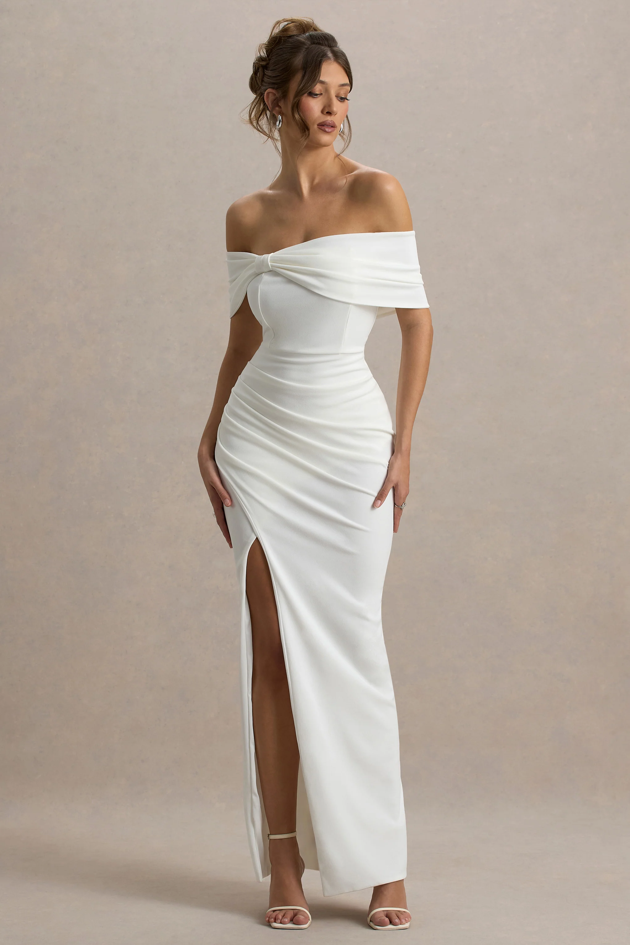 Eva | White Bardot Bow Detail Maxi Dress With Thigh Split