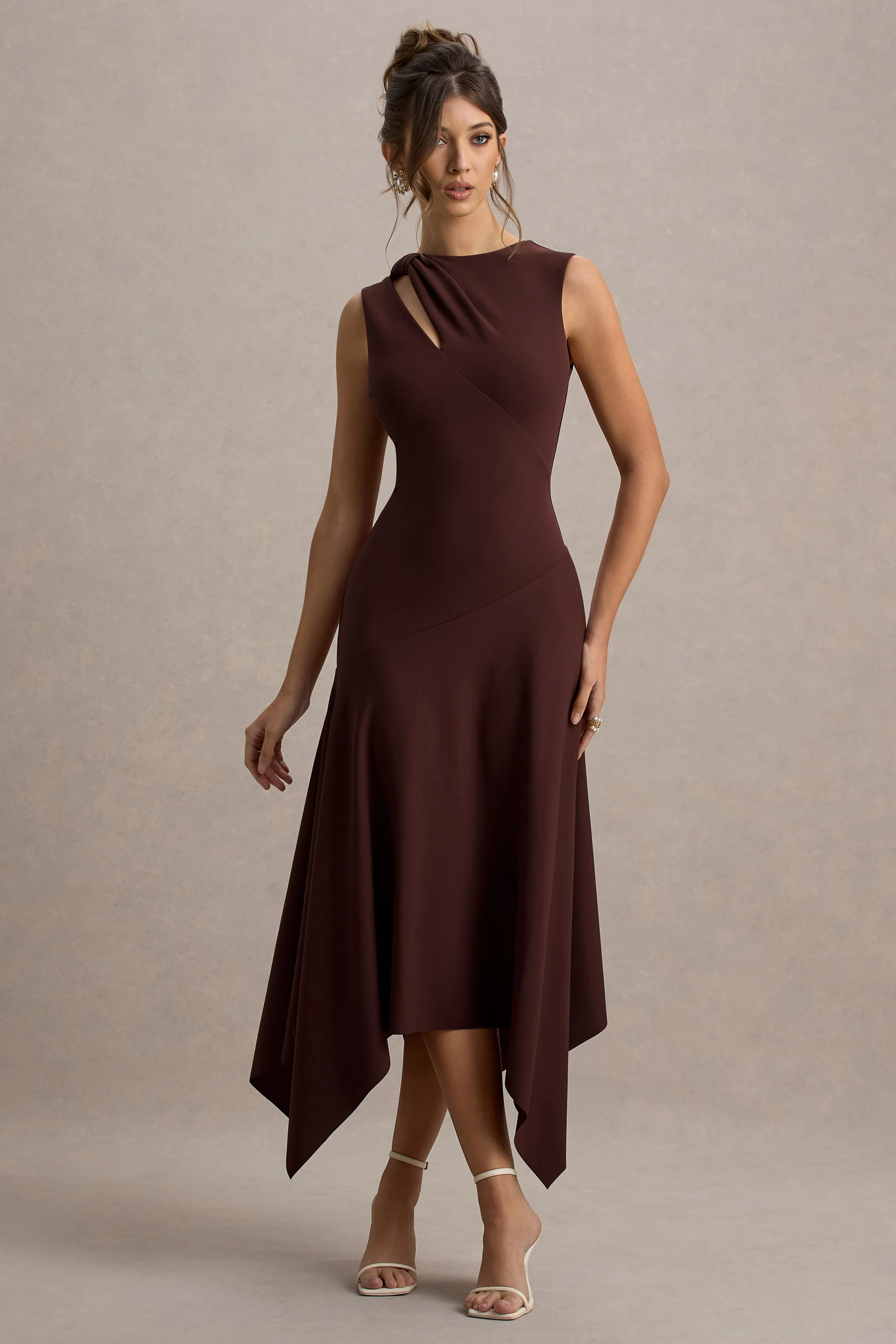 Francesca | Brown Knotted Midi Dress With Handkerchief Hem