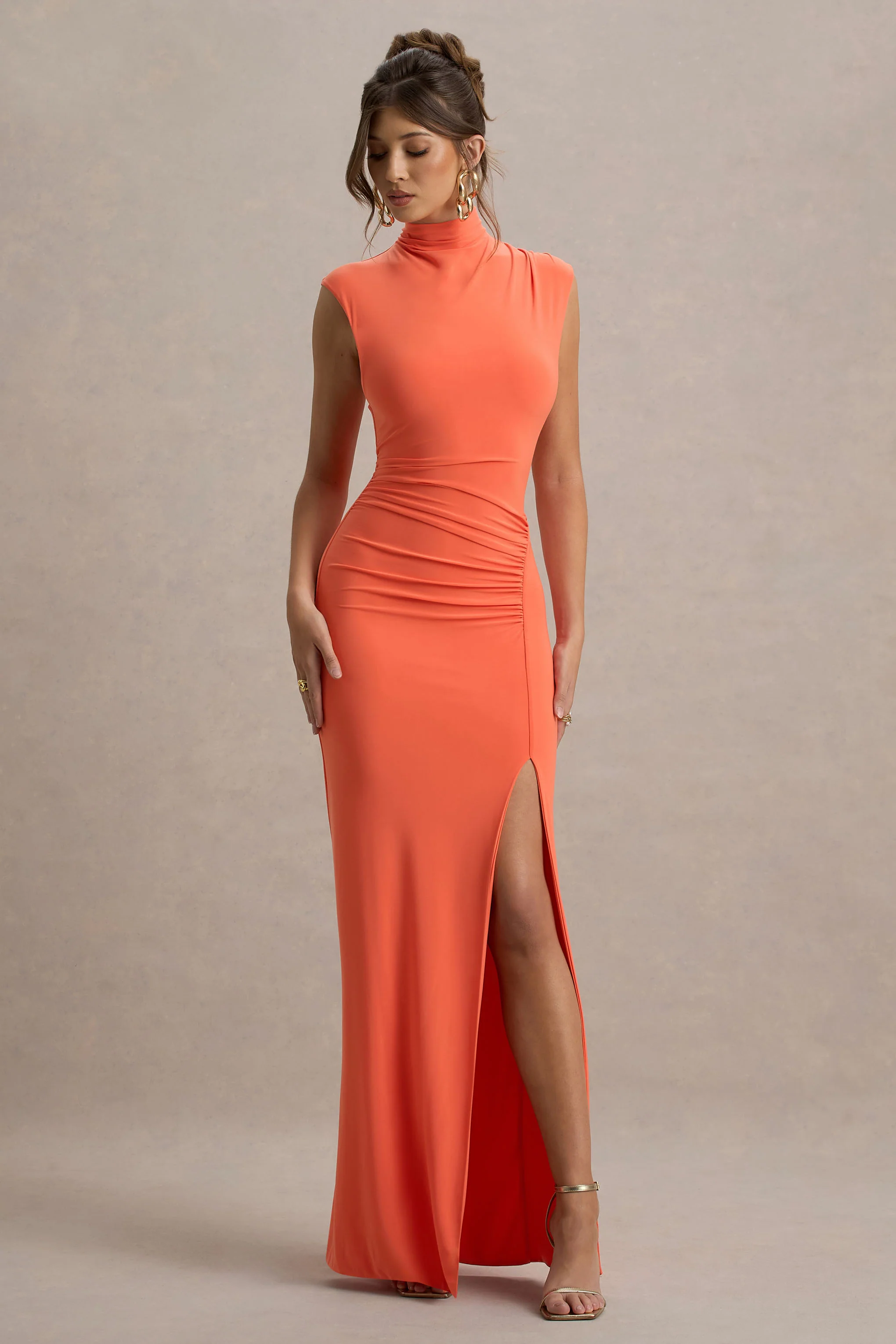 Lanetta | Coral Ruched High-Neck Maxi Dress With Split