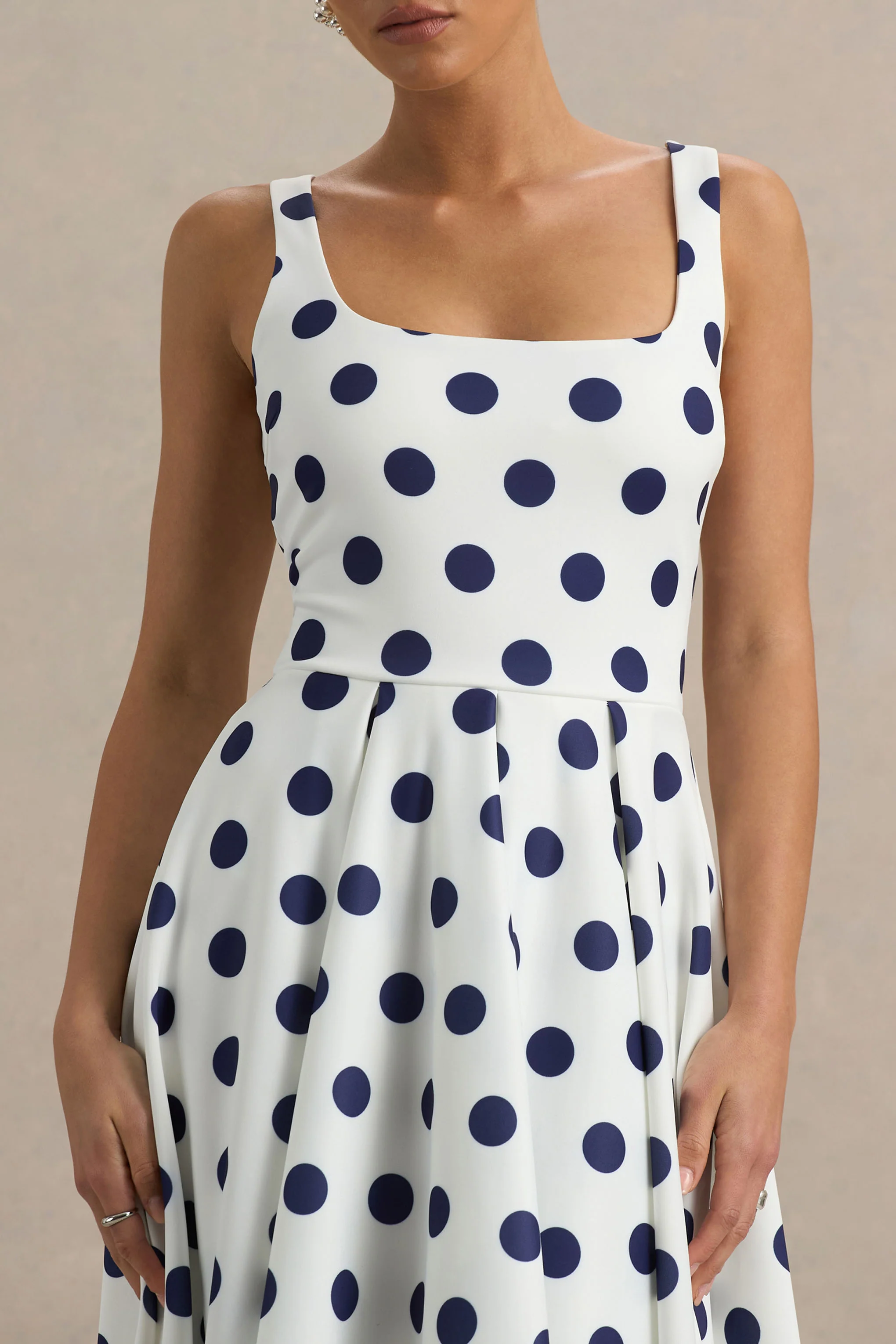 Berta | White And Navy Polka-Dot Square-Neck Midi Dress