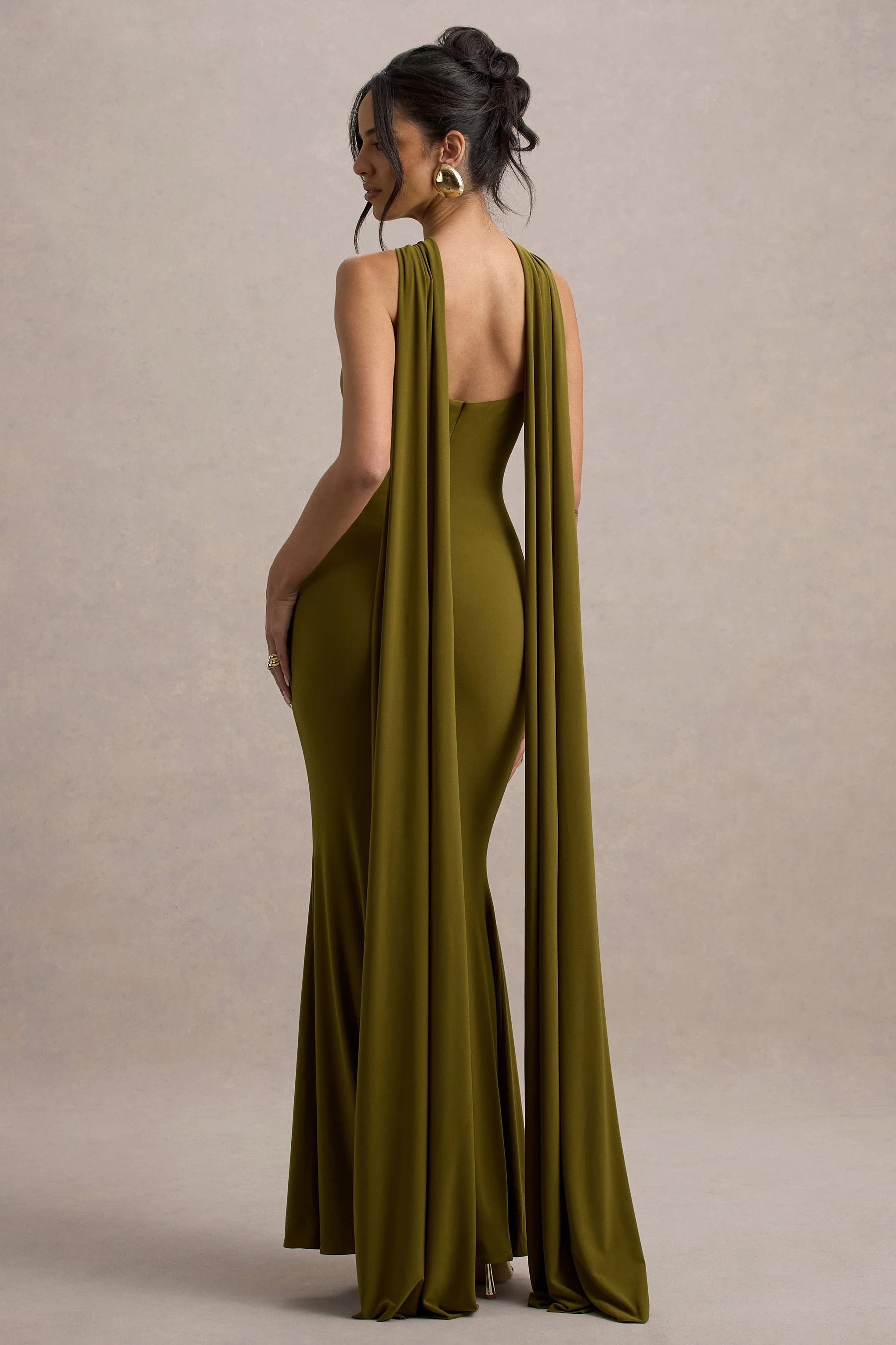 Rhoda | Green Twist Halter-Neck Cape Maxi Dress