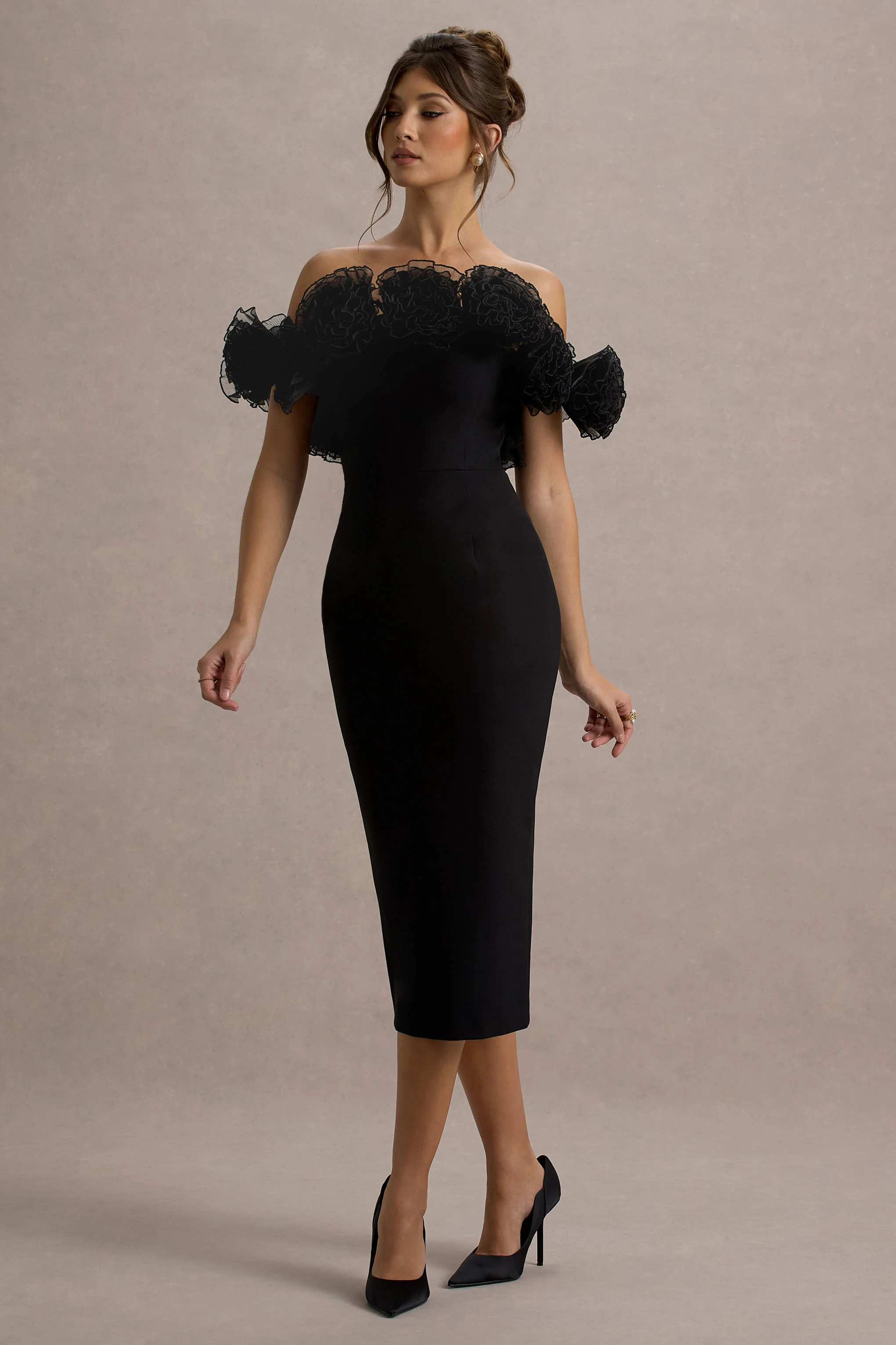 Alizzi | Black Bardot Midi Dress With Ruffle Trim