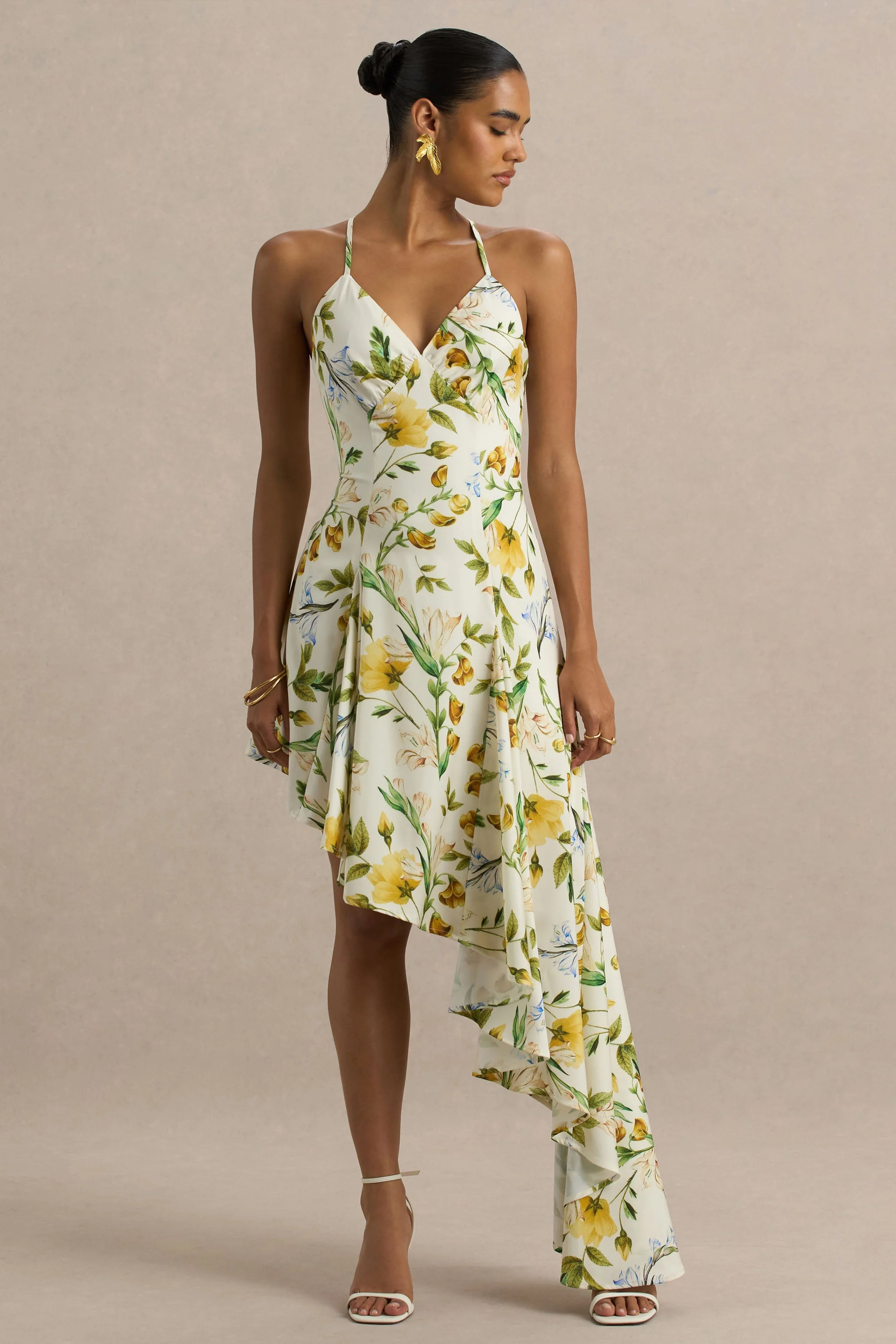 Glint | White Botanical Print Satin Plunge-Neck Maxi Dress With Asymmetric Hem