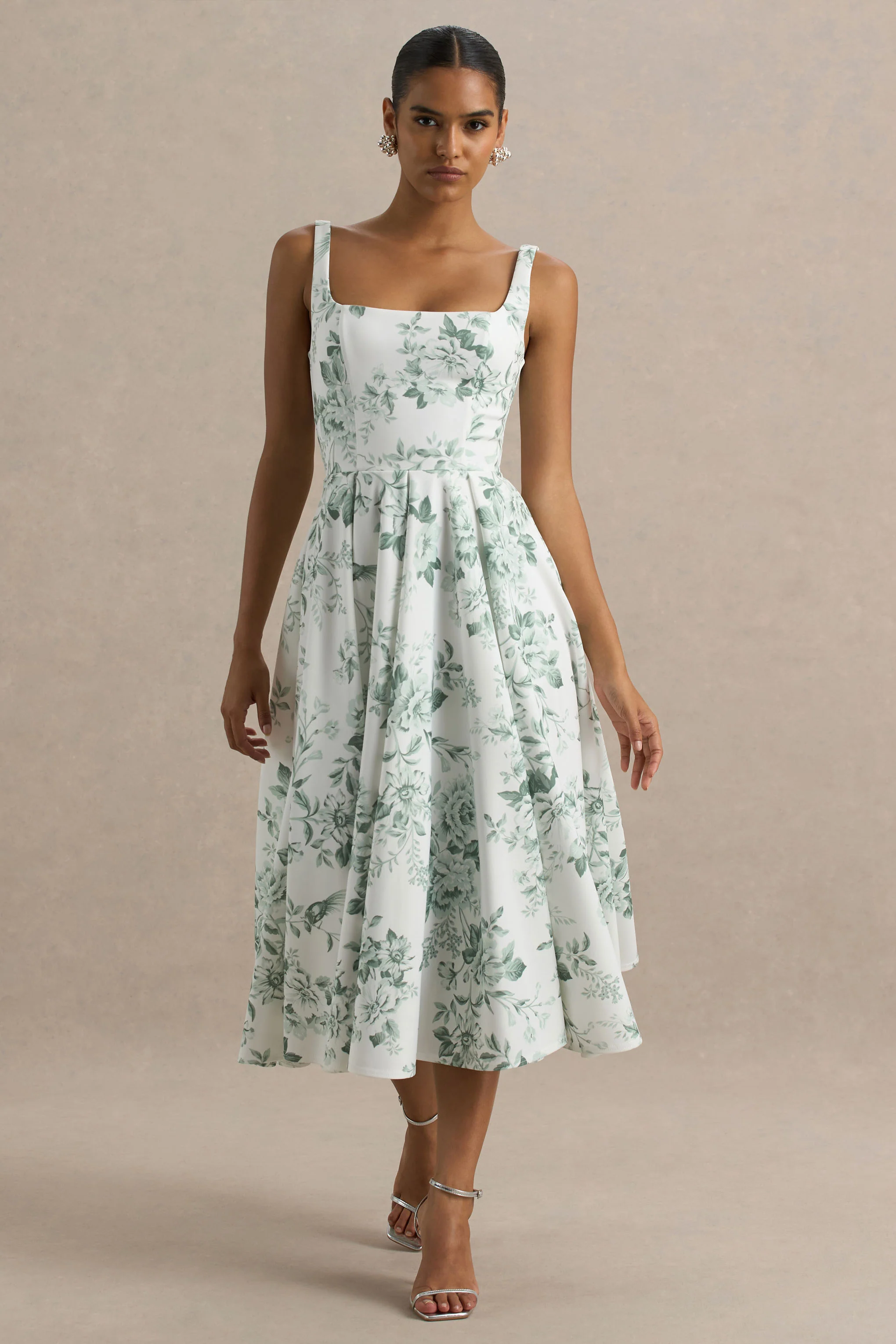 Lissa | Green Porcelain Print Square-Neck Midi Dress