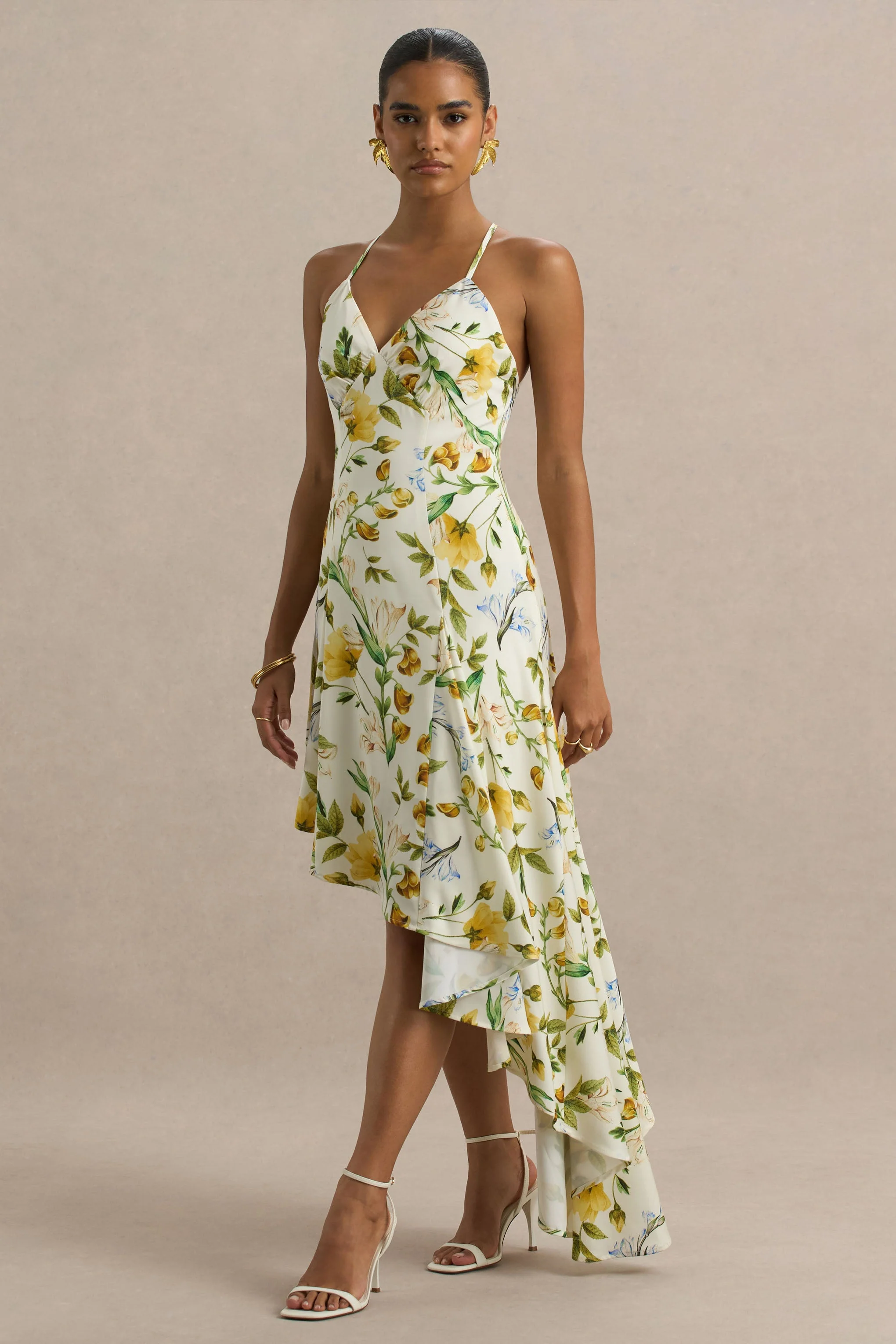Glint | White Botanical Print Satin Plunge-Neck Maxi Dress With Asymmetric Hem