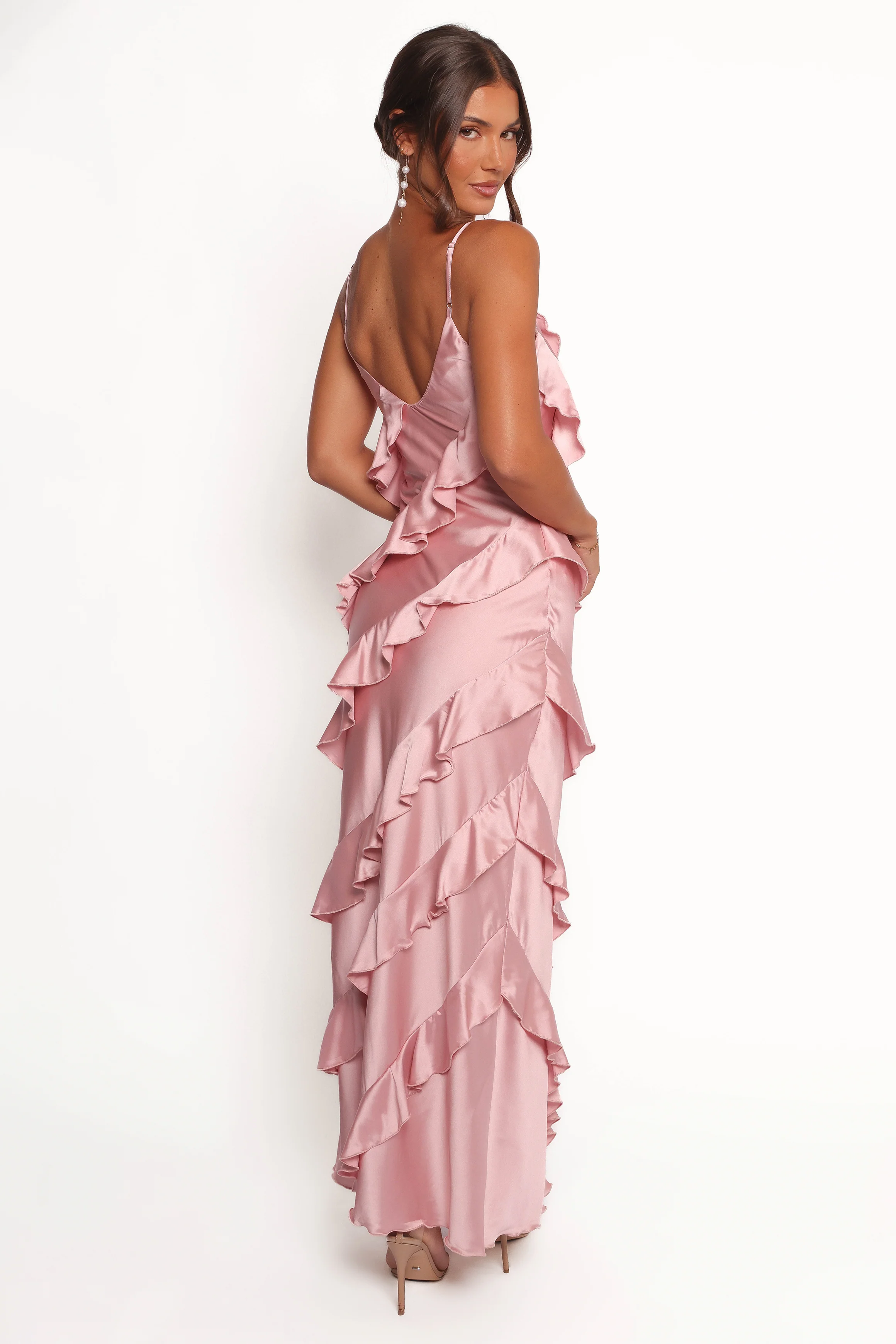 Ciao Ruffles Maxi Satin Dress - Pink