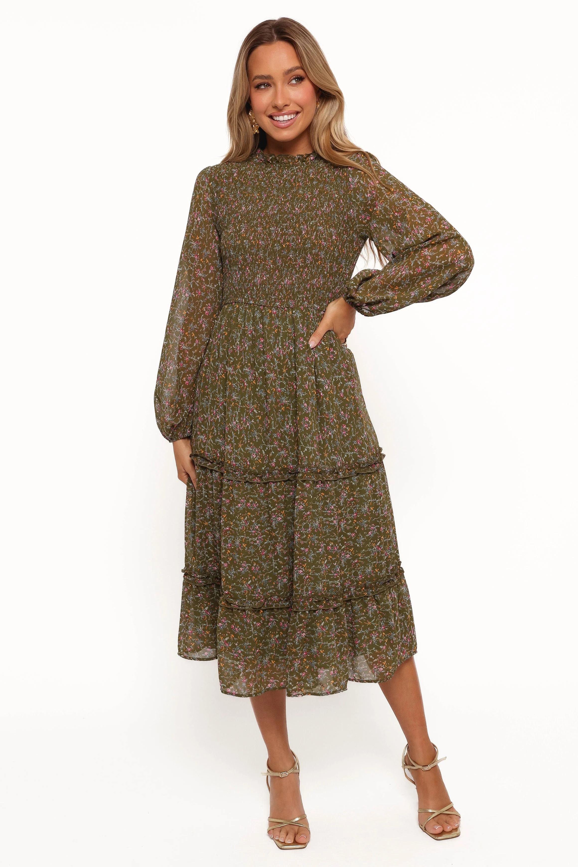 Edwina Shirred Frill Long Sleeve Midi Dress - Olive Floral