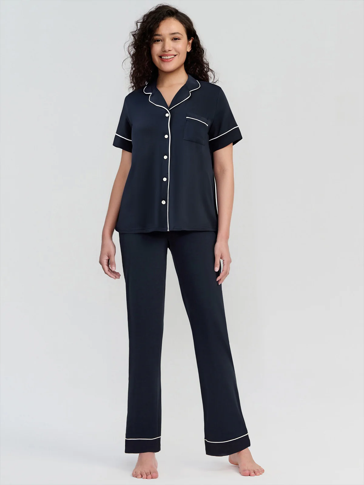 Solid Piped Short Sleeve Pajamas Set