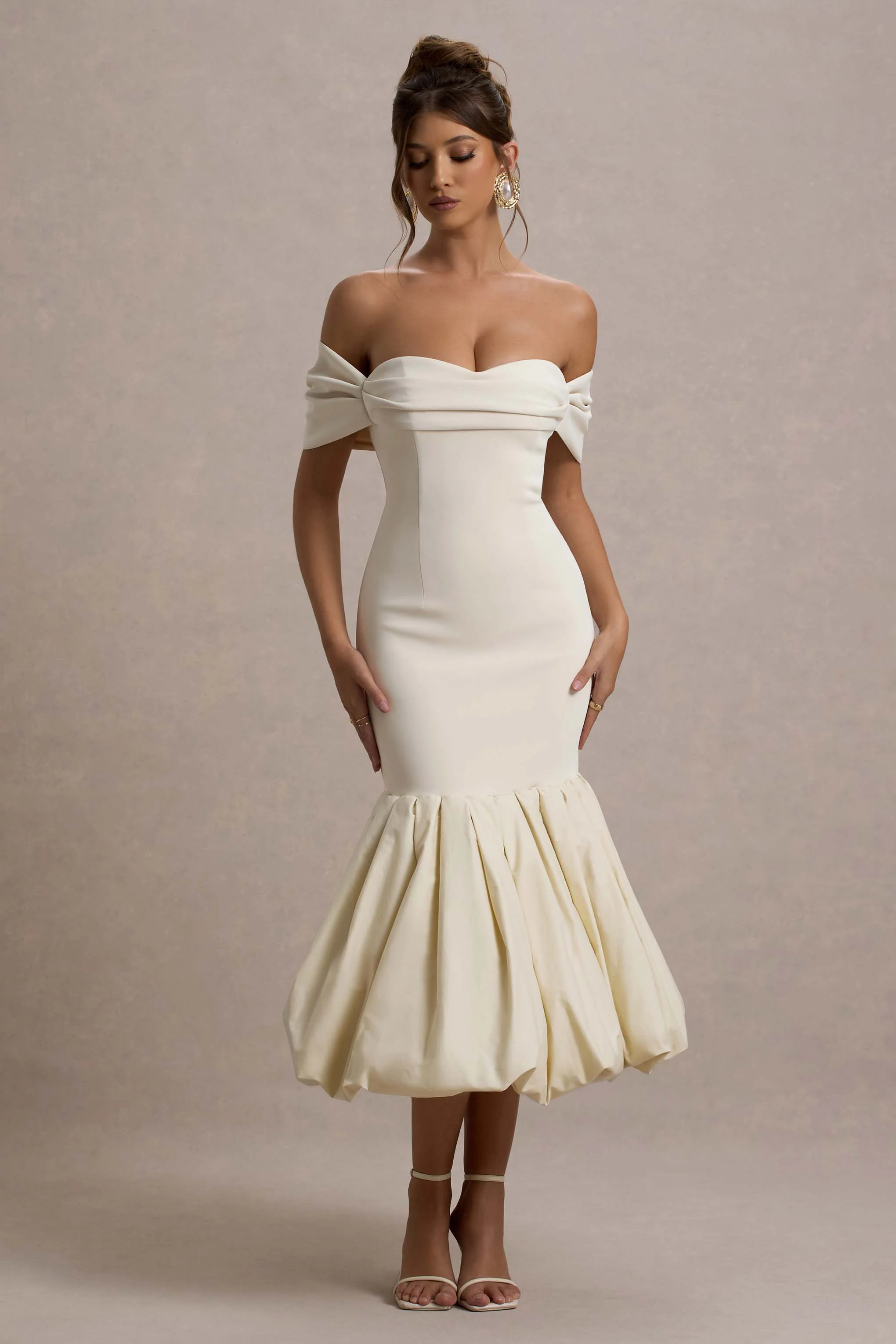 Posie | Stone Bardot Midi Dress With Puffball Hem