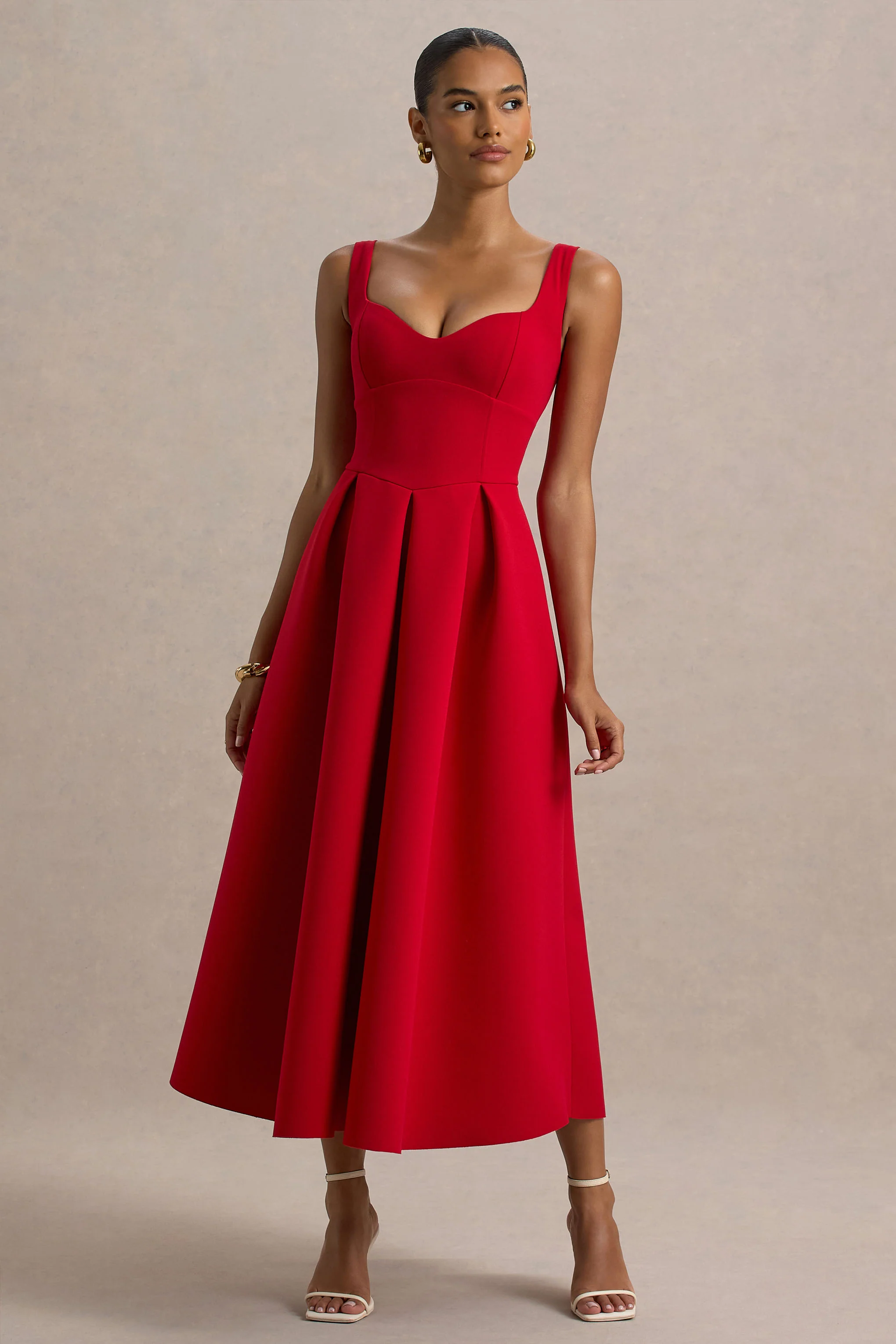 Rosemary | Red Sweetheart Midi Dress With Drop Waist