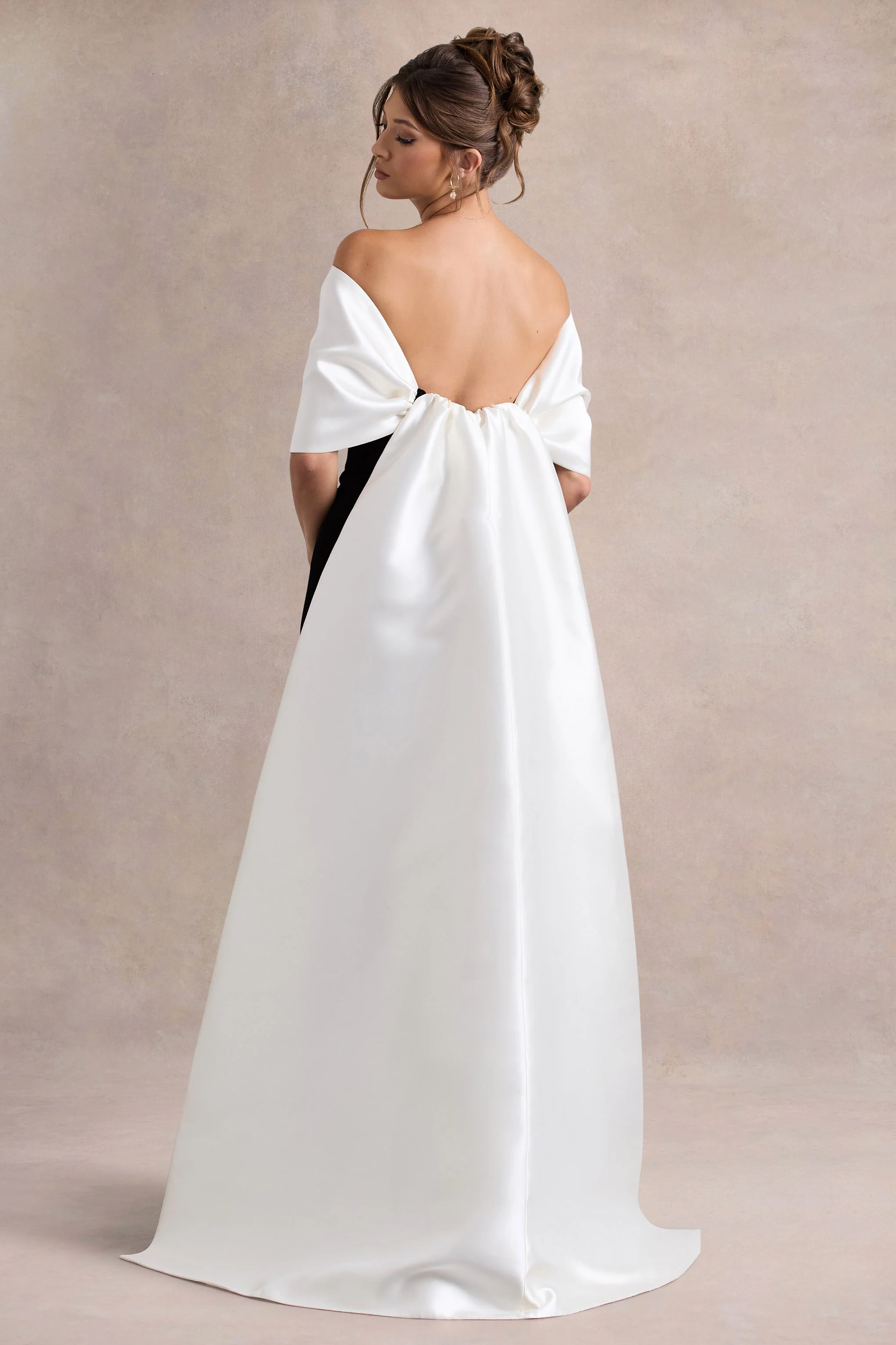Wanting More | Black & White Satin Cape Maxi Dress With Oversized Bow