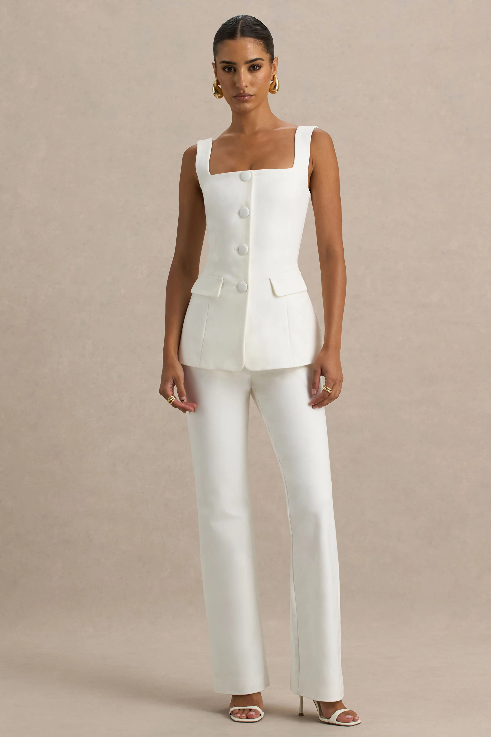 Aceline | White Square-Neck Tailored Jumpsuit