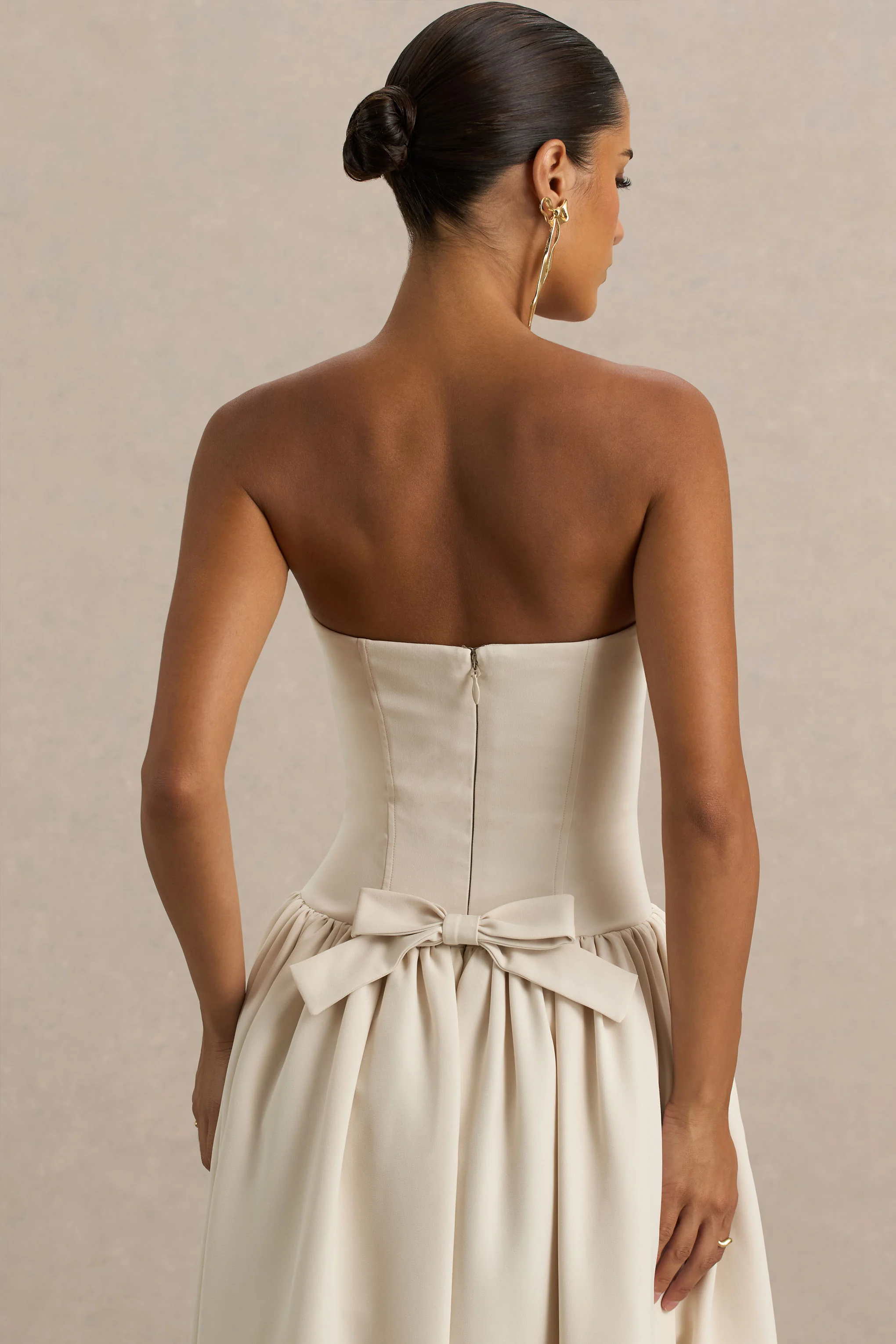 Candice | Cream Bandeau Volume Midi Dress With Back Bow Detail