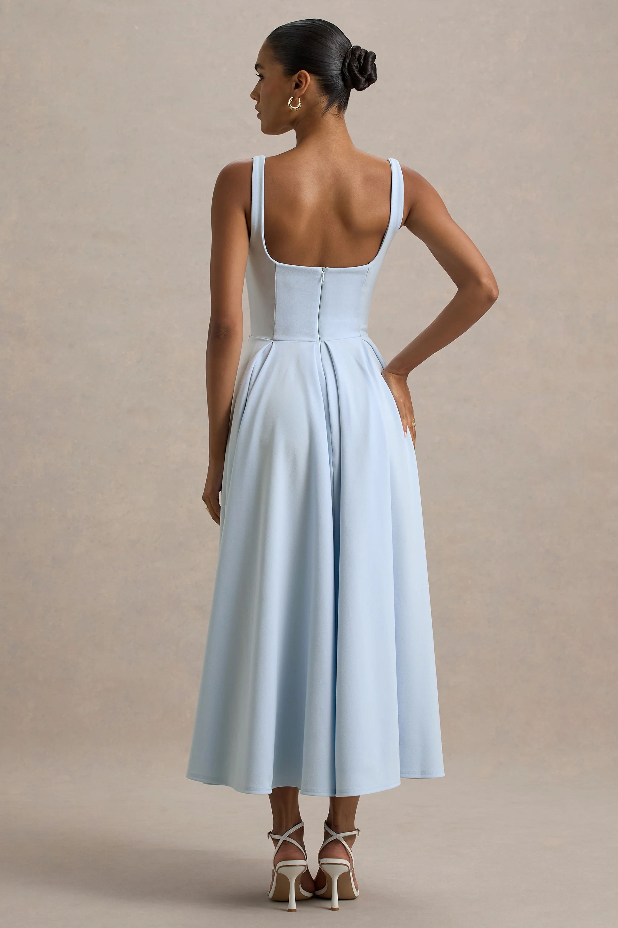 Parina | Powder Blue Strappy Volume-Hem Midi Dress