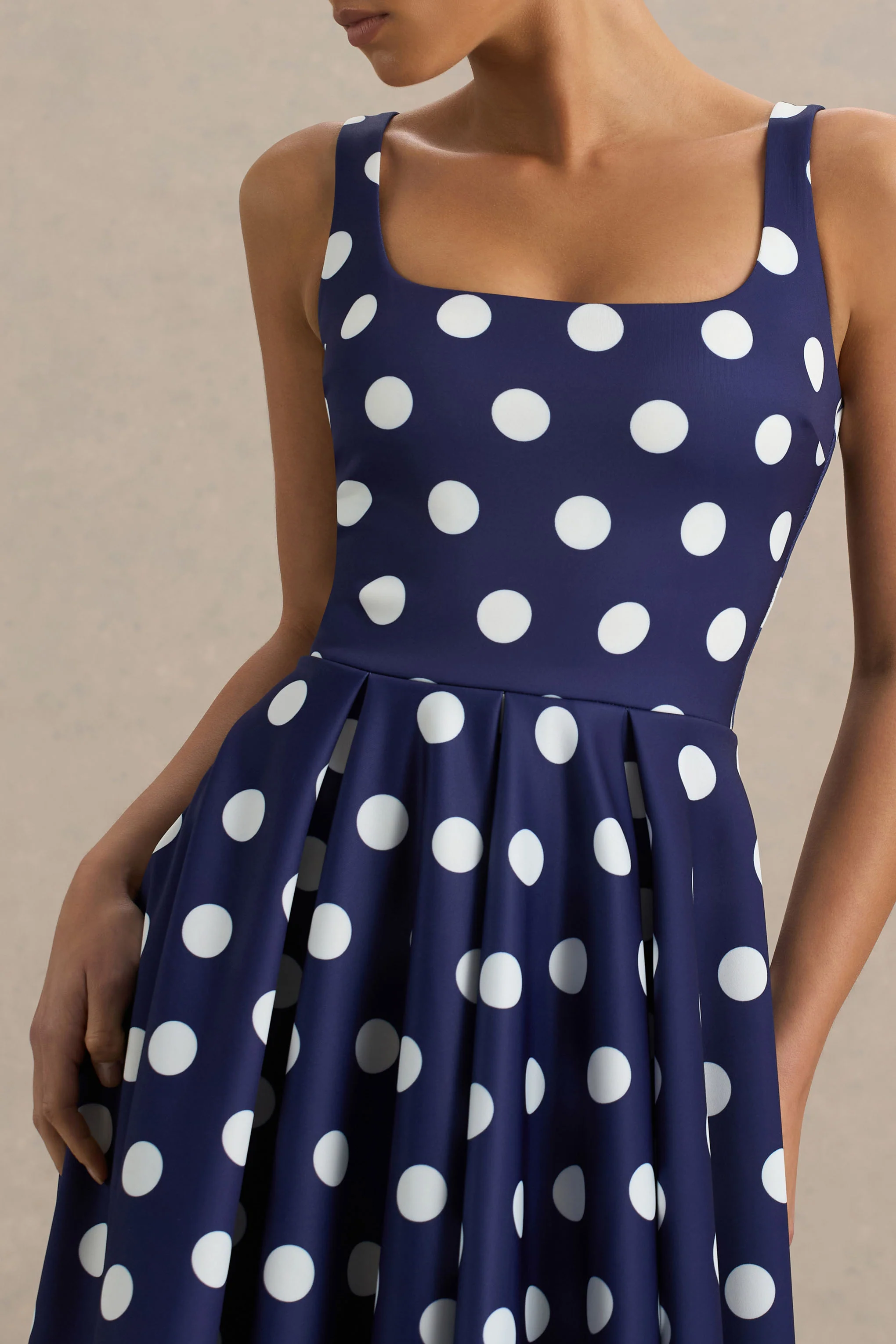 Berta | Navy And White Polka-Dot Square-Neck Midi Dress