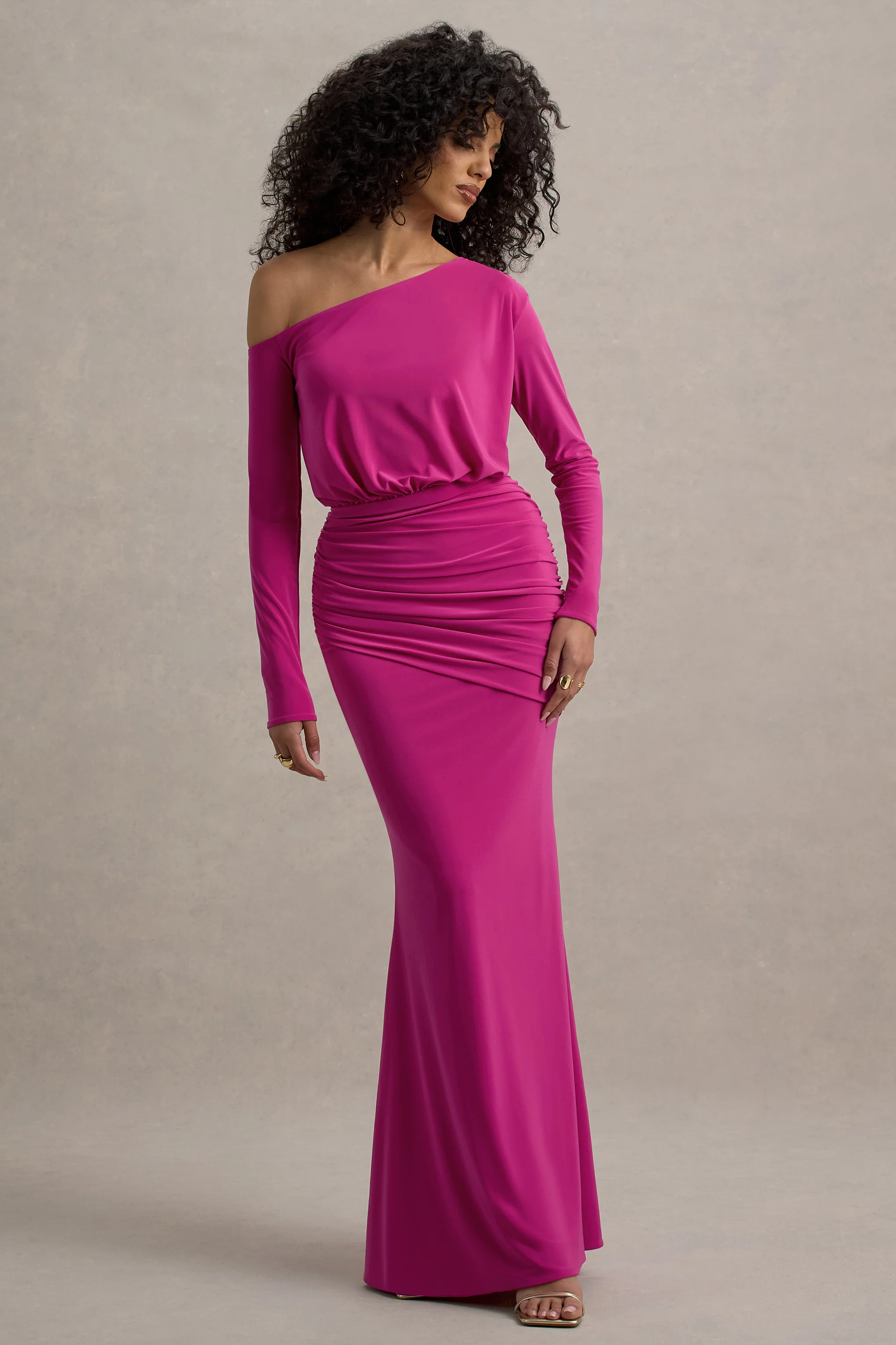 Deanna | Hot Pink Asymmetric Long-Sleeve Ruched Maxi Dress