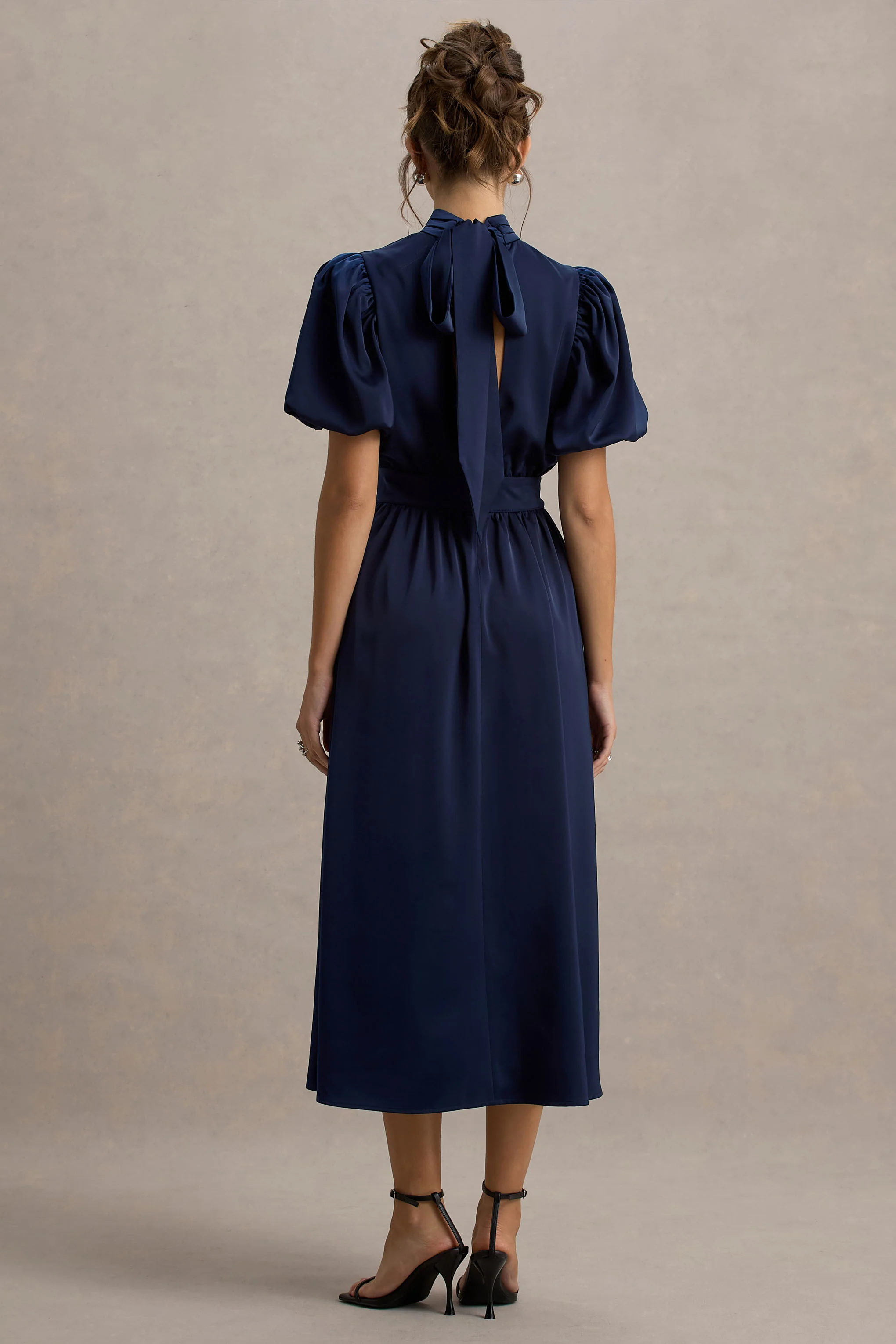 Persea | Navy Satin Puff-Sleeve Midi Dress With Bow