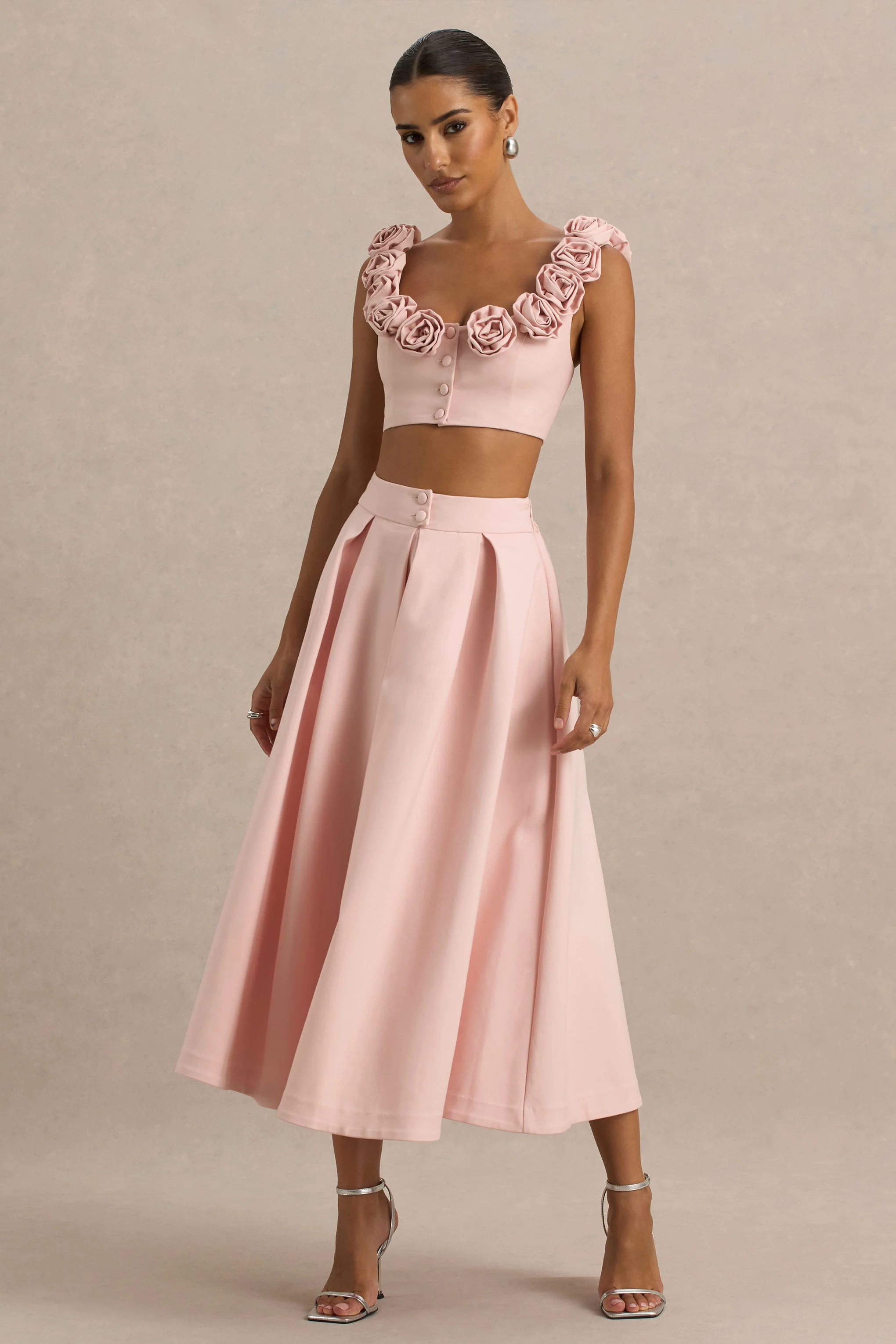 Sara | Baby Pink Midi Skirt With Buttons