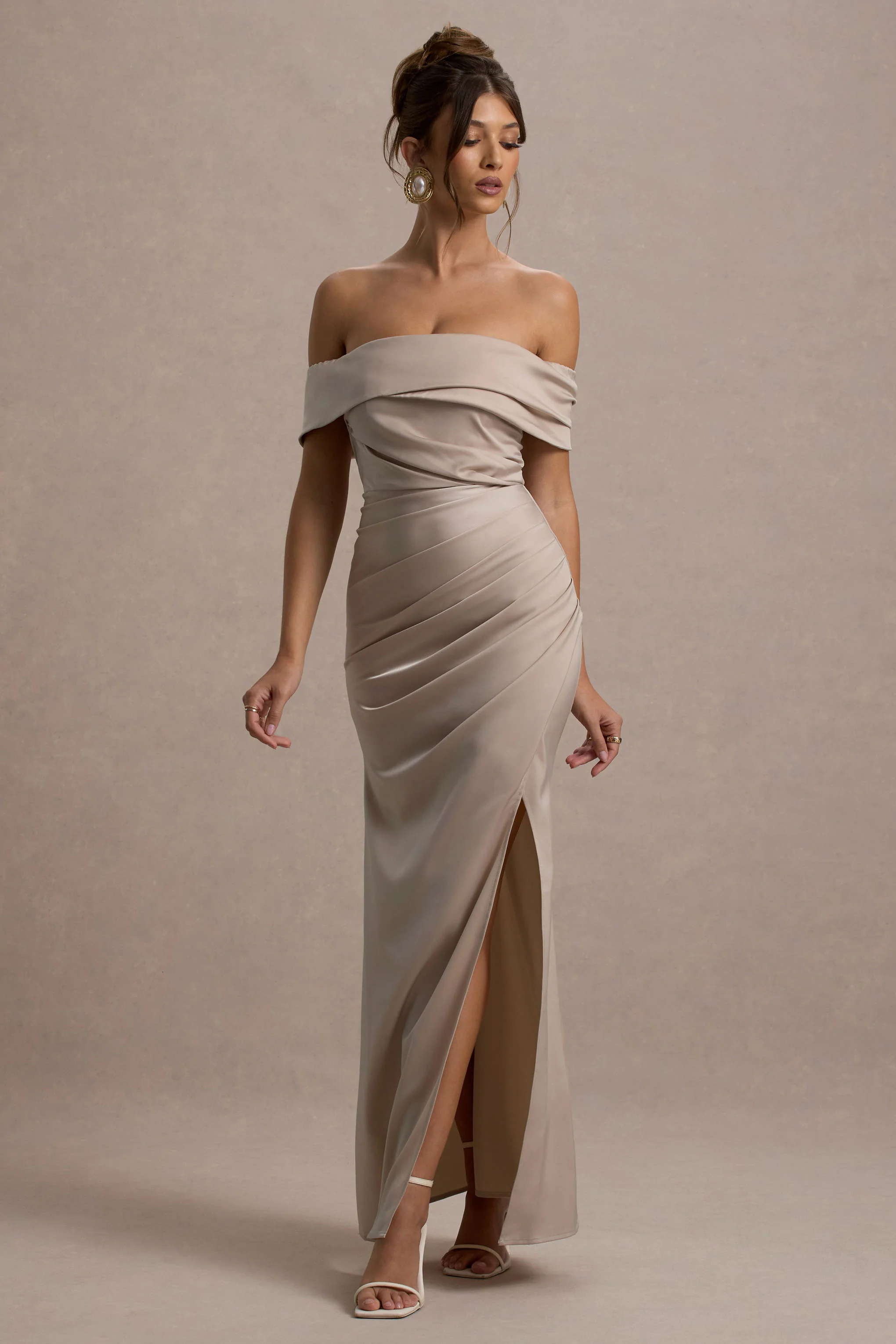 Martine | Champagne Satin Bardot Wrap Maxi Dress
