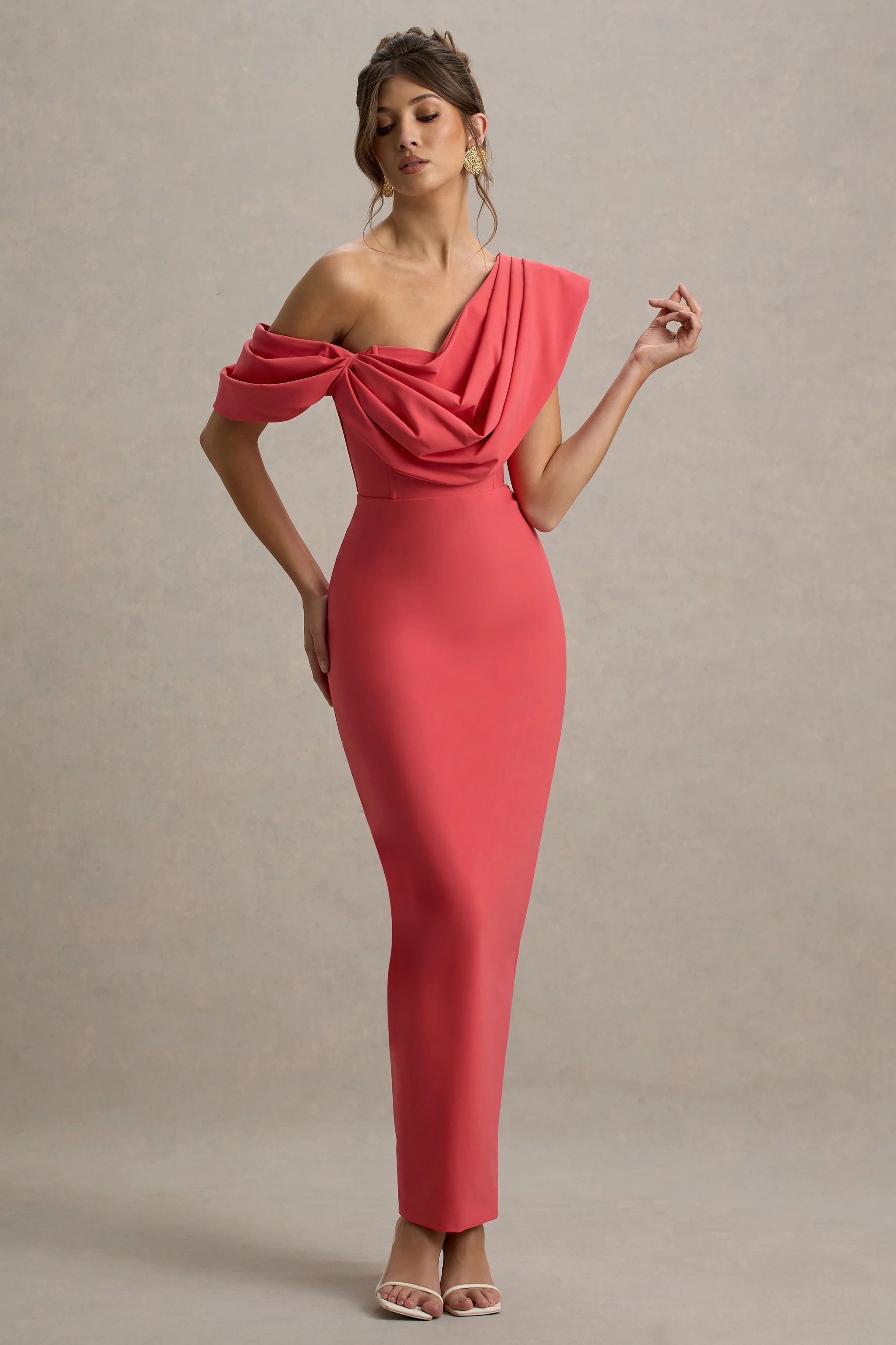Angelina | Pink Draped Shoulder Maxi Dress