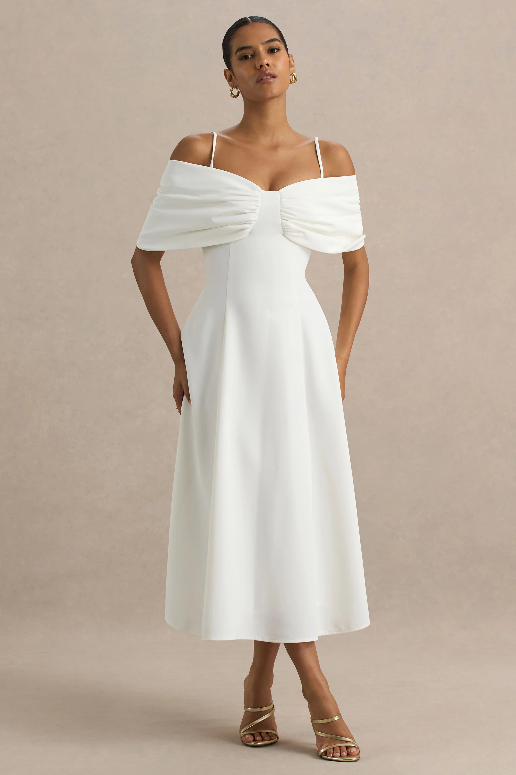 Hettie | White Short-Sleeve Bardot Midi Dress With Bow Detail