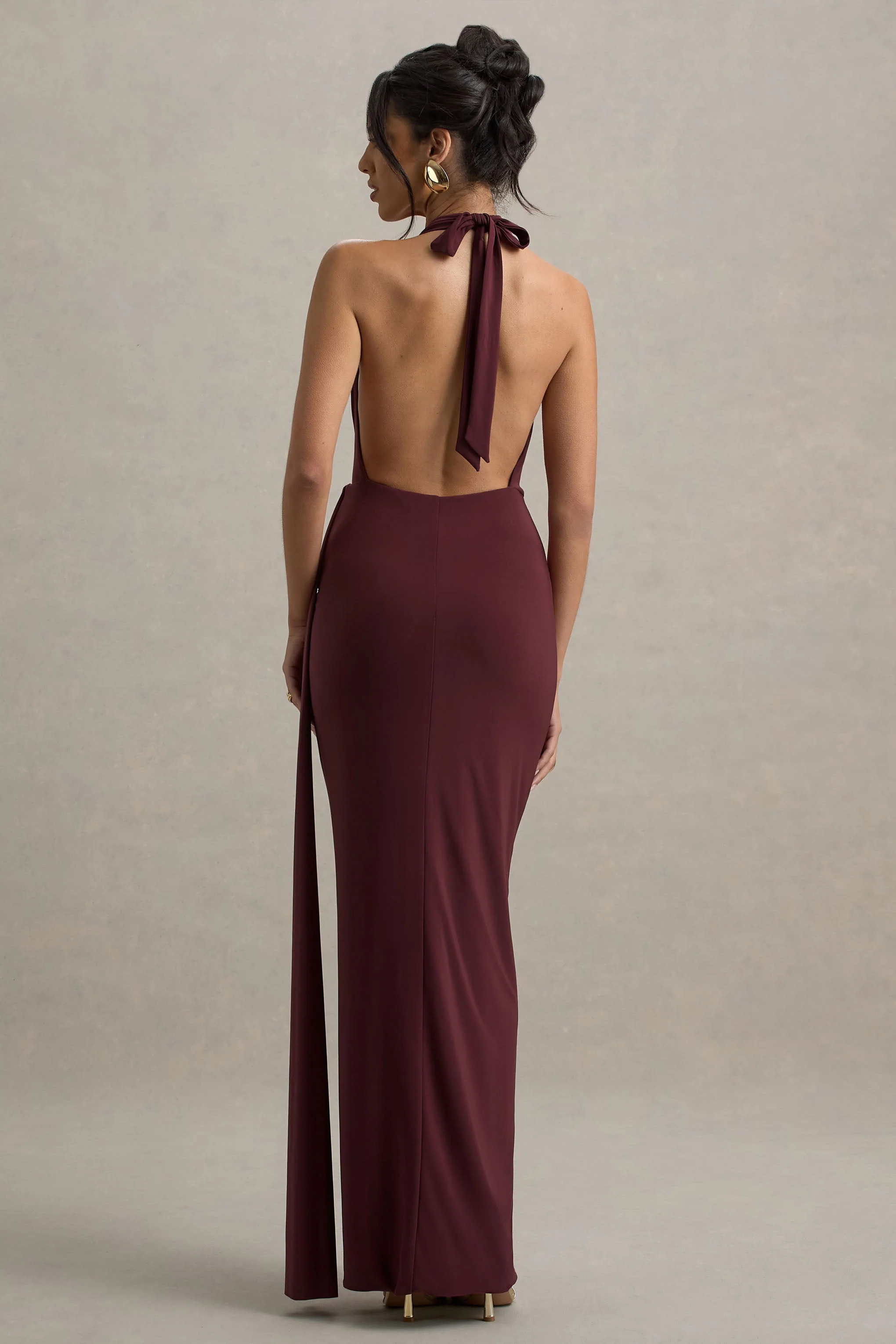 Rosina | Burgundy Halter-Neck Draped Maxi Dress With Sash