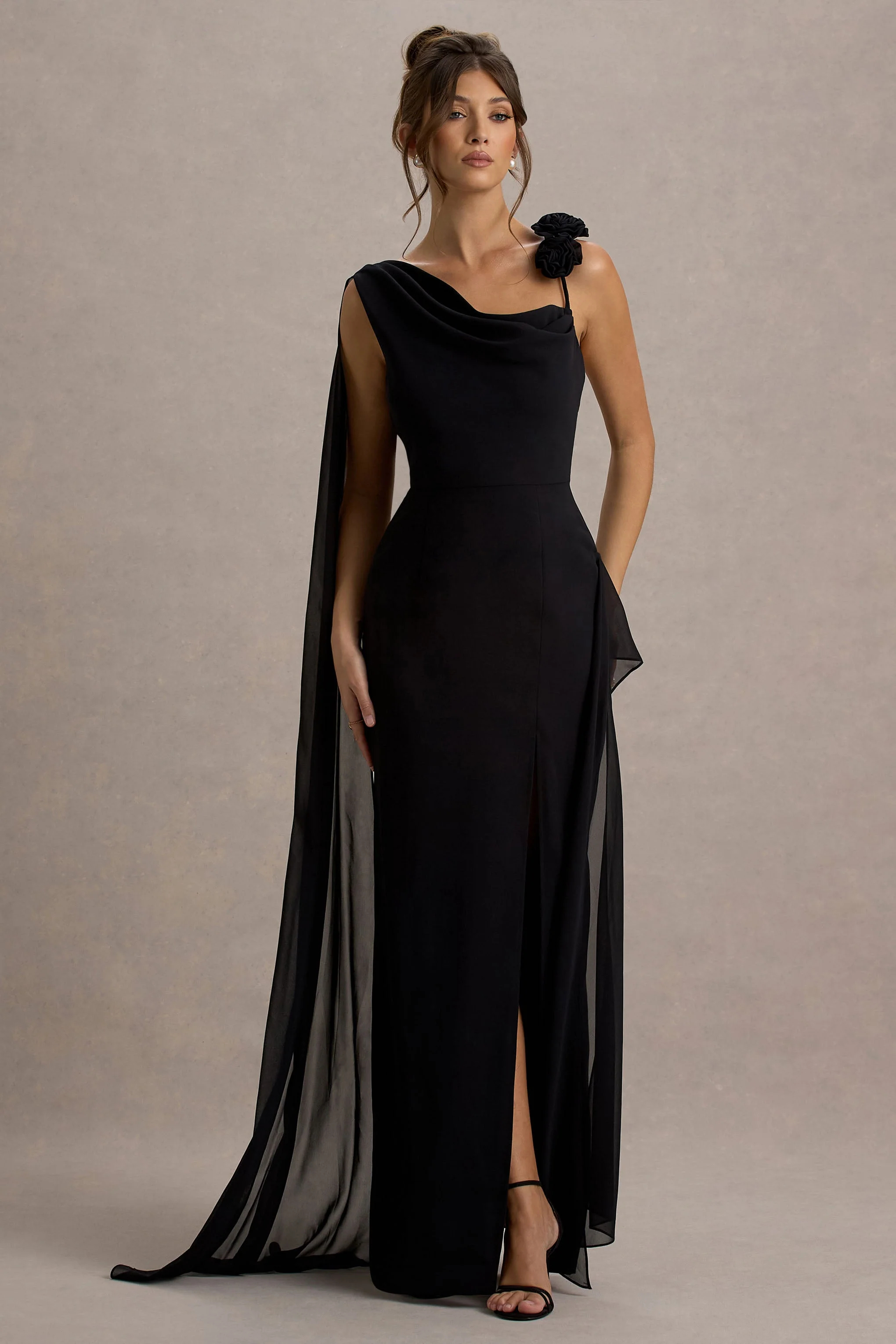 Angeline | Black Chiffon Draped Split Maxi Dress With Corsages