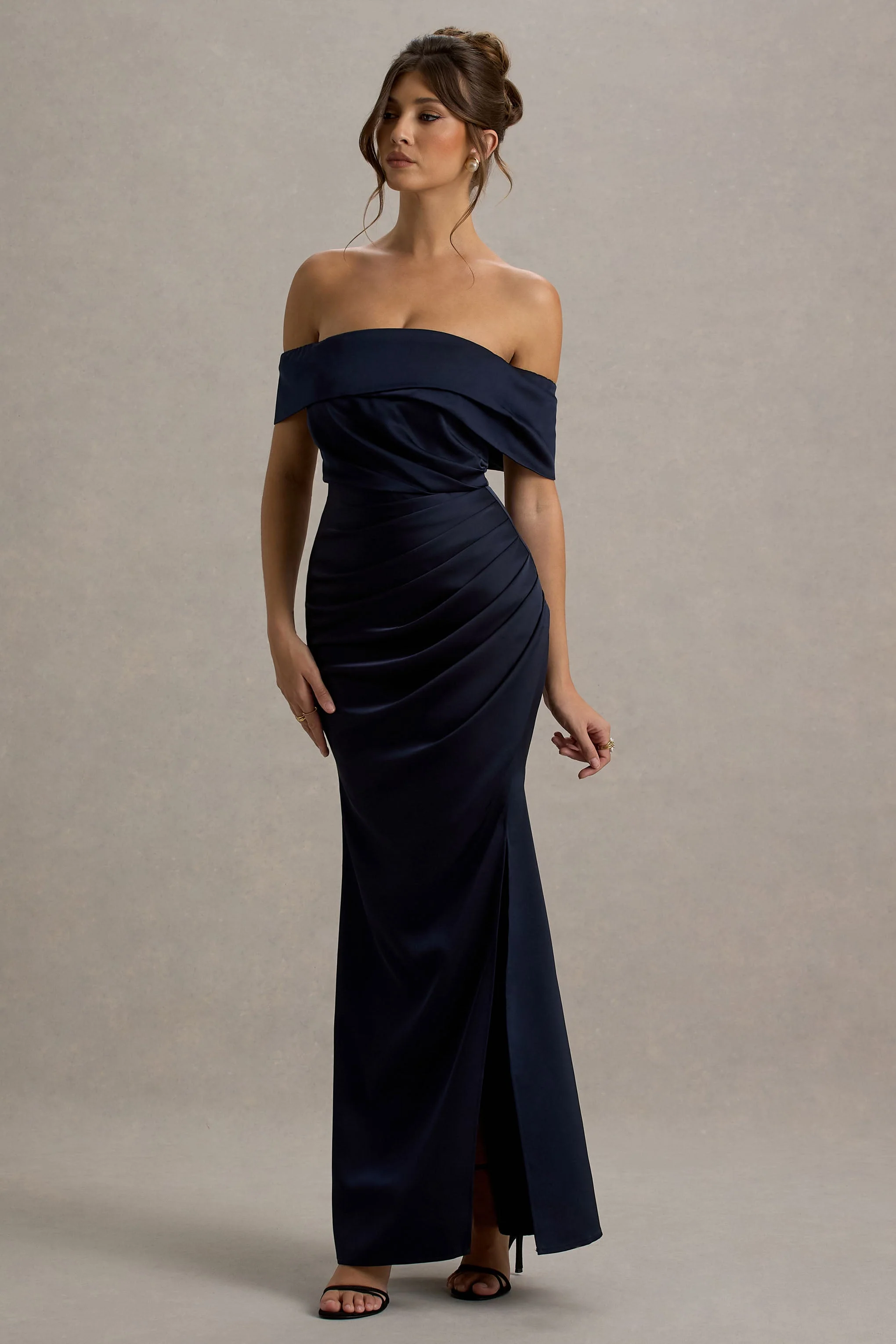 Martine | Navy Satin Bardot Wrap Maxi Dress