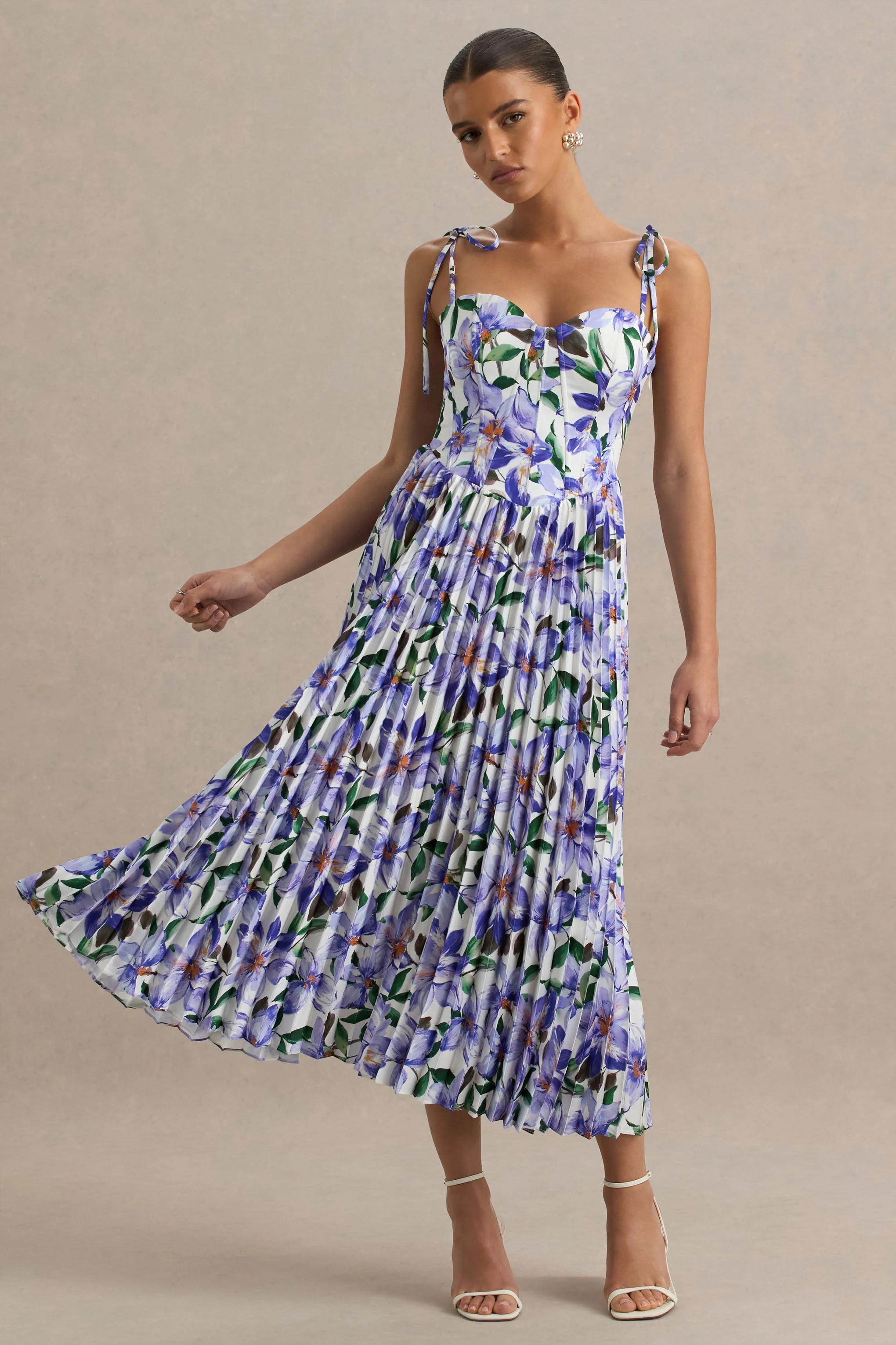Peyton | Purple Lily Print Satin Sweetheart-Neck Midi Dress With Pleated Details