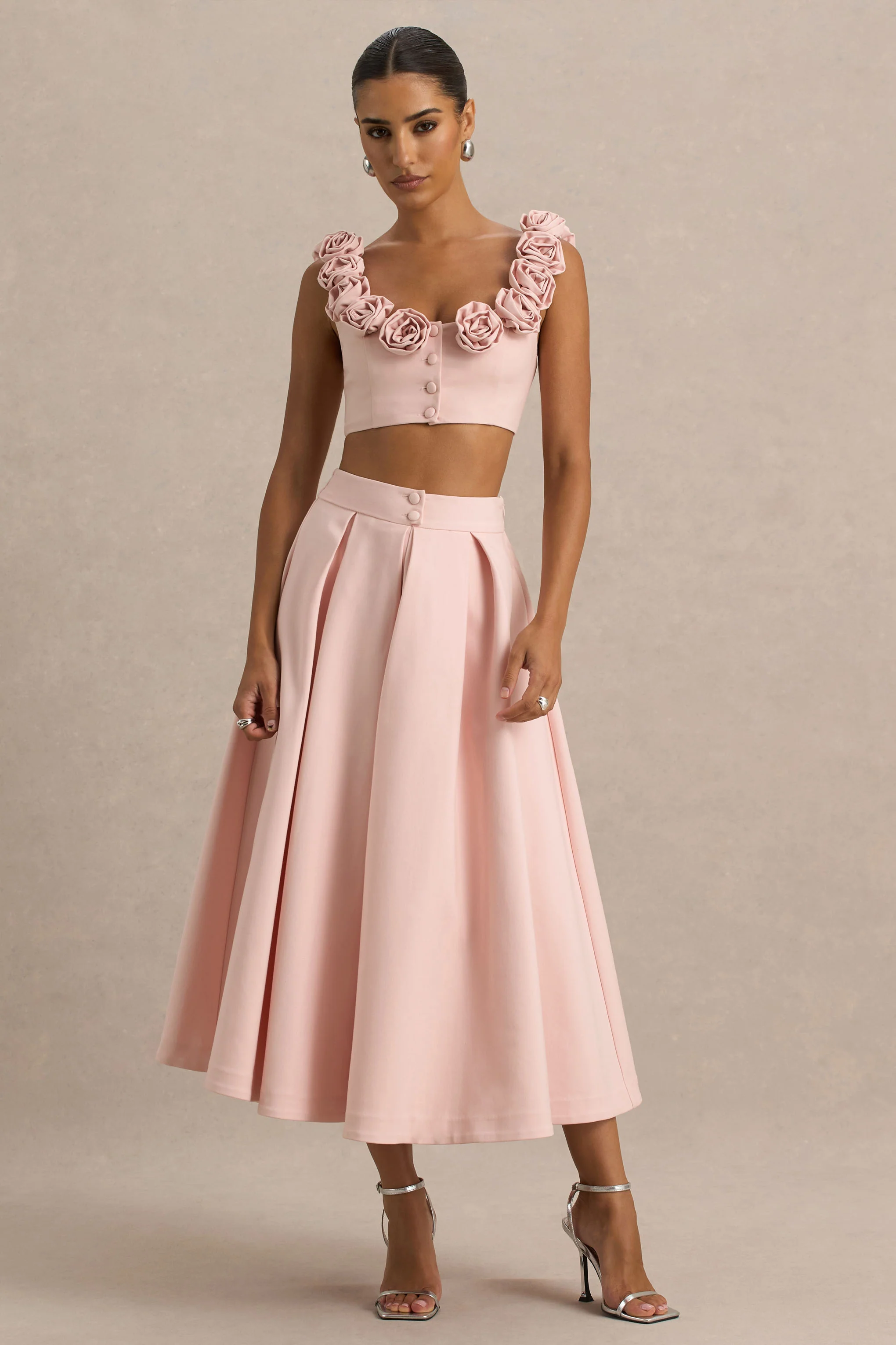 Sara | Baby Pink Midi Skirt With Buttons