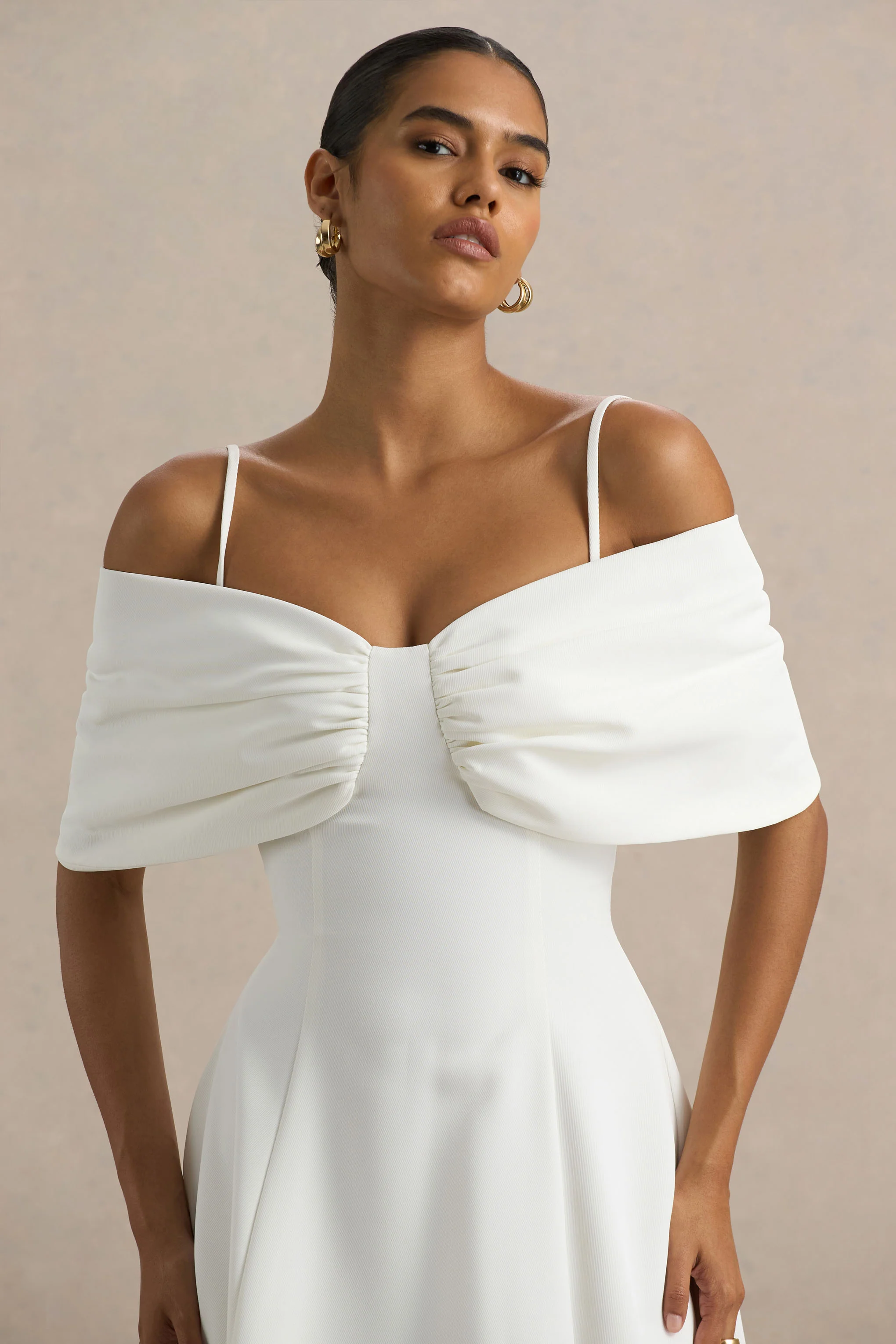 Hettie | White Short-Sleeve Bardot Midi Dress With Bow Detail