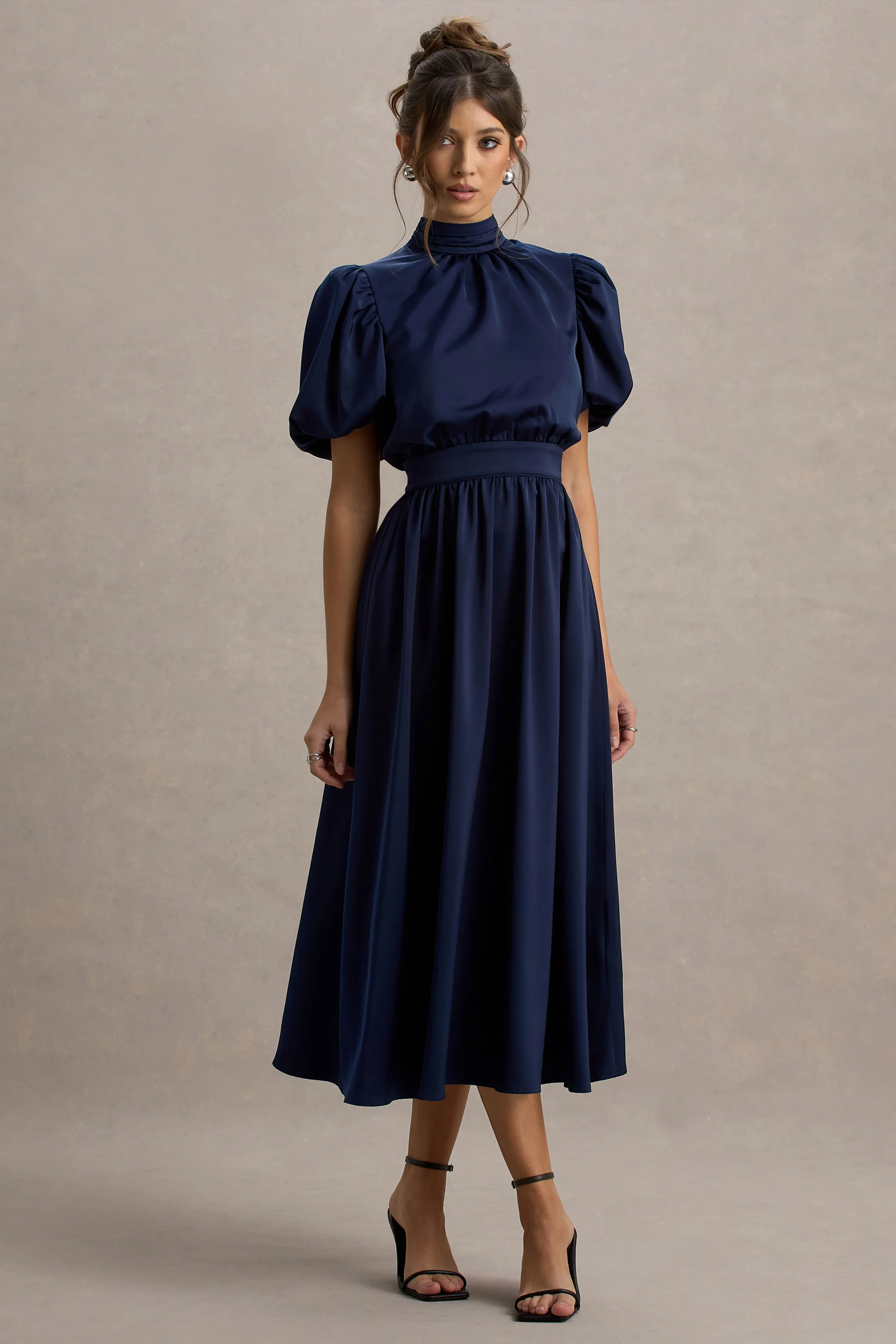 Persea | Navy Satin Puff-Sleeve Midi Dress With Bow