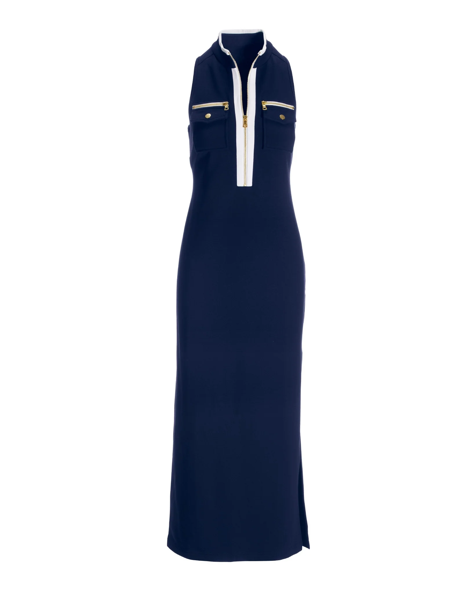 Sleeveless Chic Zip Maxi Dress Navy/White
