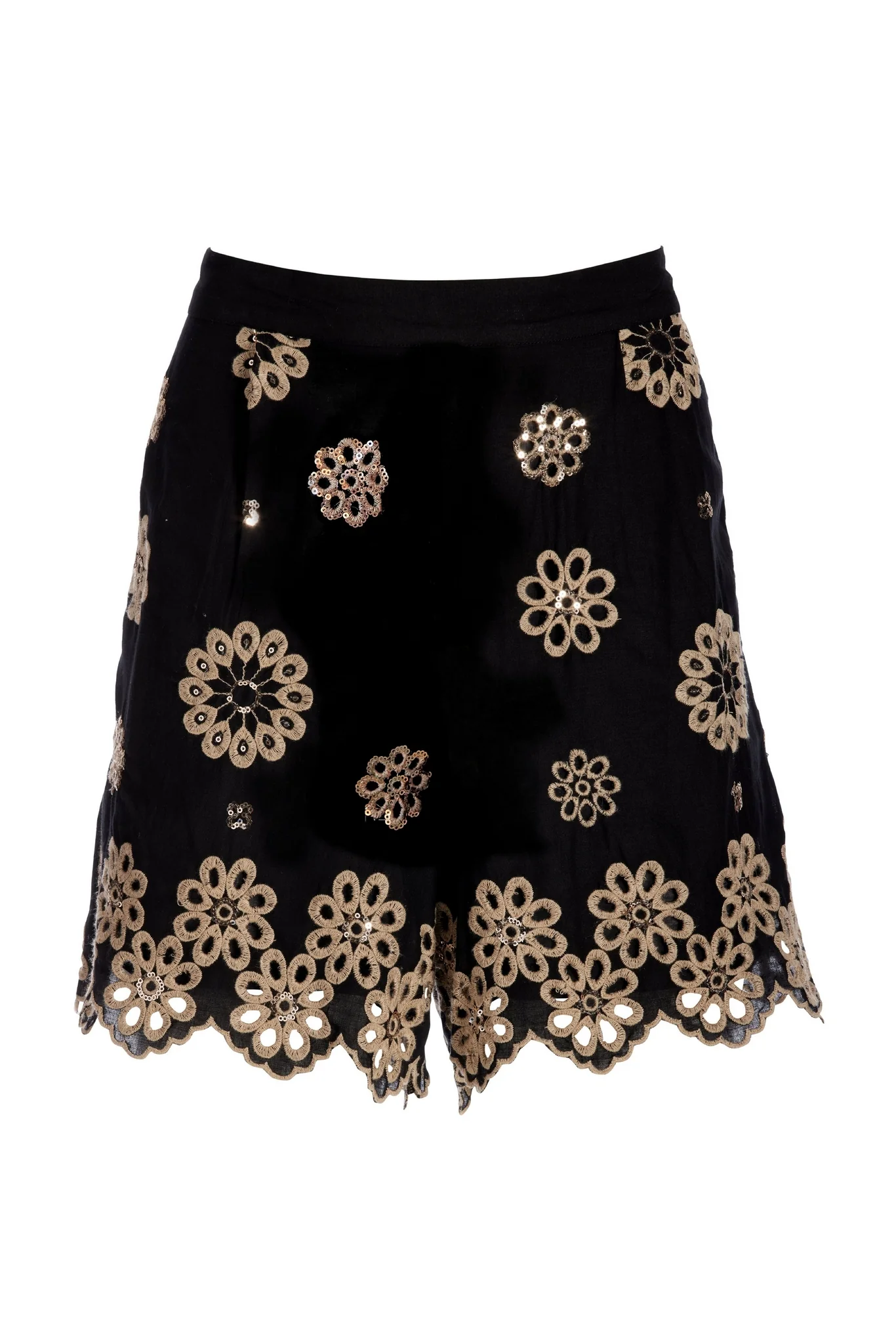 Embroidered Sequin Scallop Hem Short Black Multi