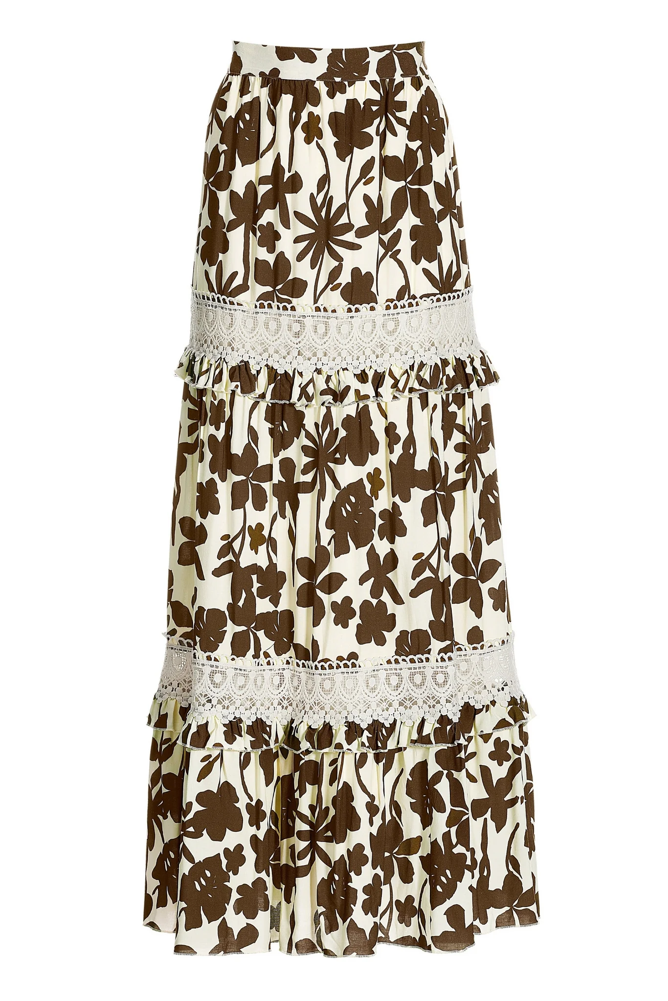 Floral Print Lace Detail Tiered Maxi Skirt Cream/Brown