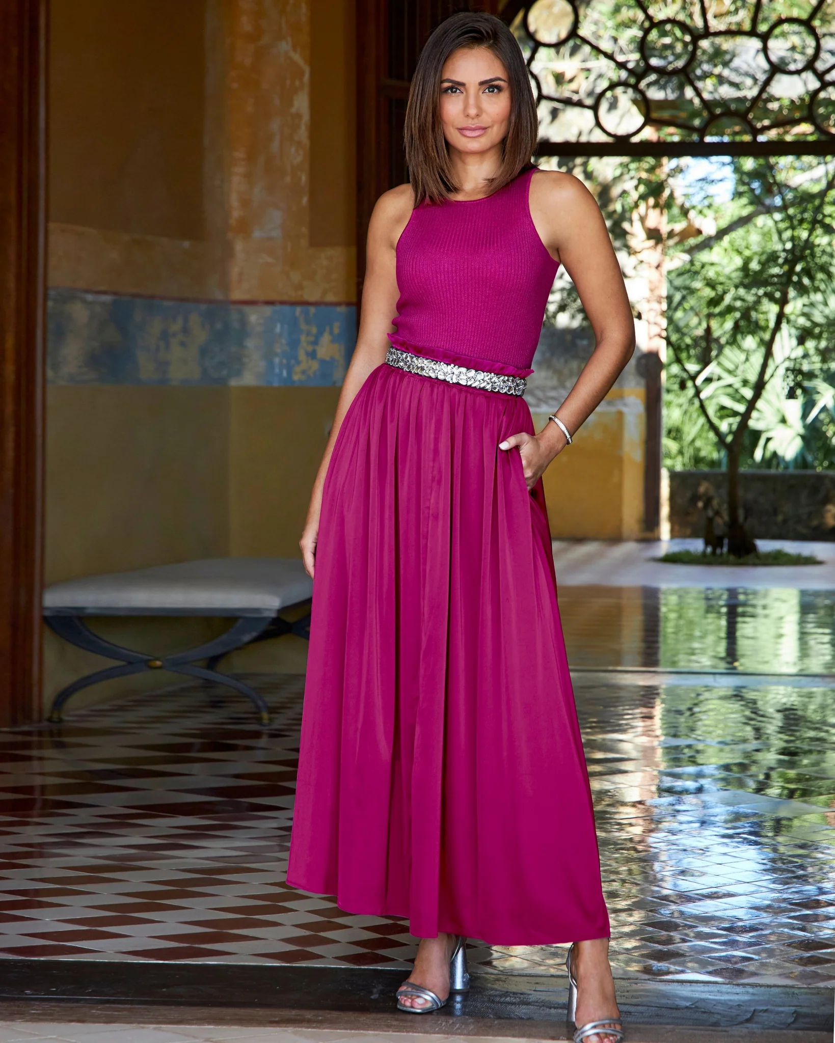 Ruffle Waist Pull-On Charmeuse Skirt Wild Aster