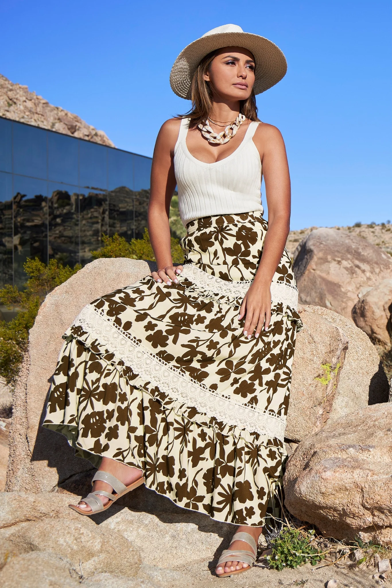Floral Print Lace Detail Tiered Maxi Skirt Cream/Brown