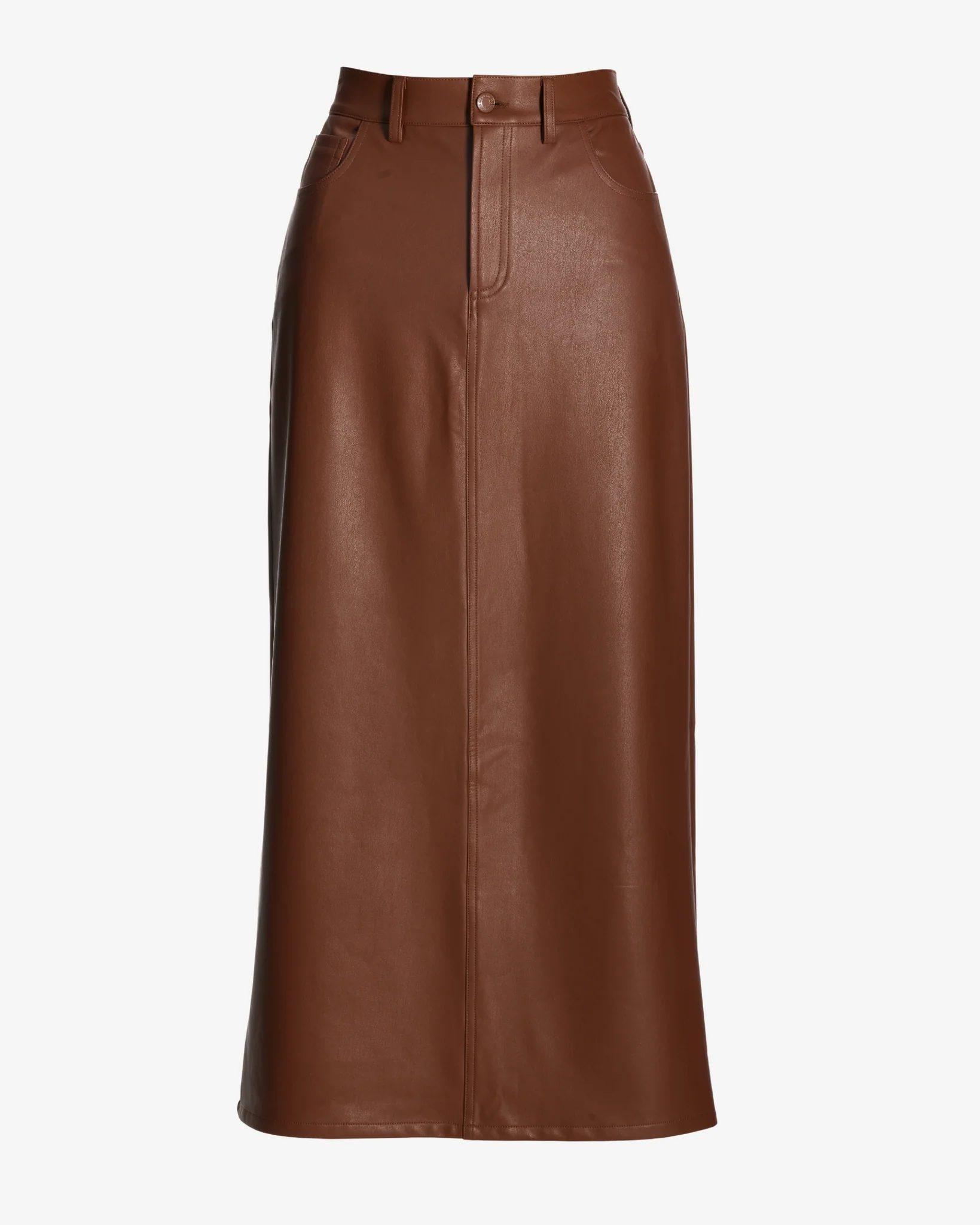 Faux Leather Five Pocket Midi Skirt Cognac