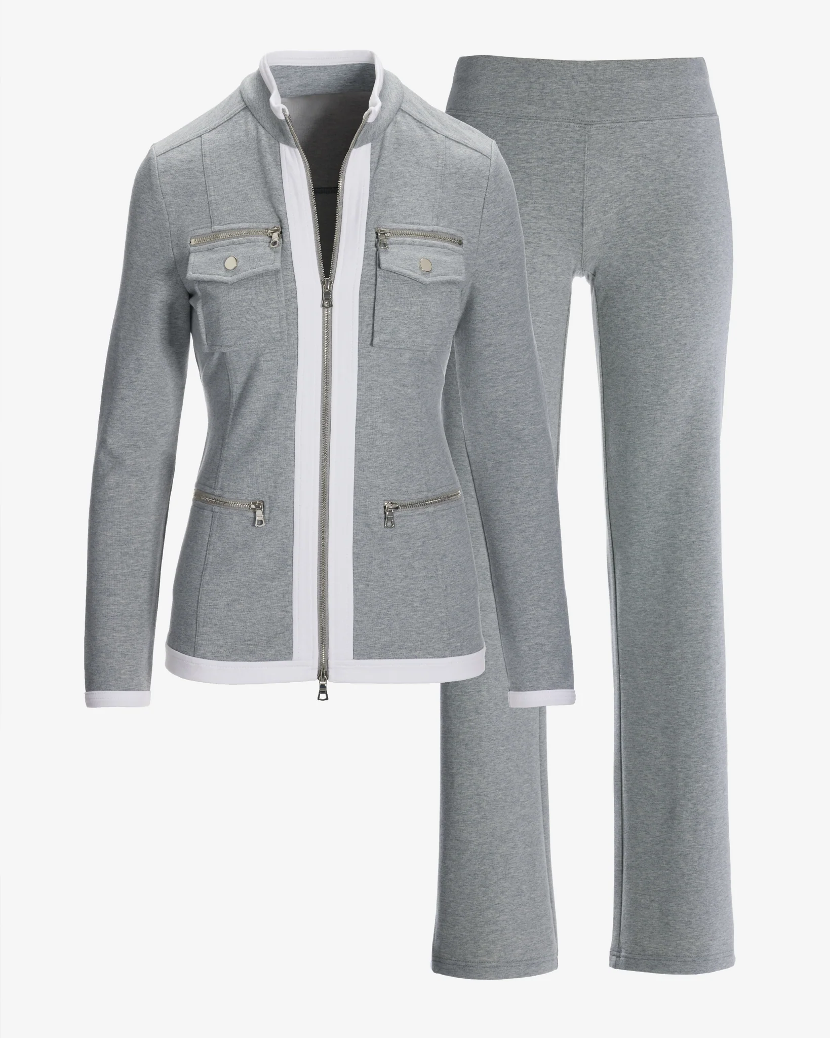 Chic Zippered Sport Coordinate Set Heather Gray/White