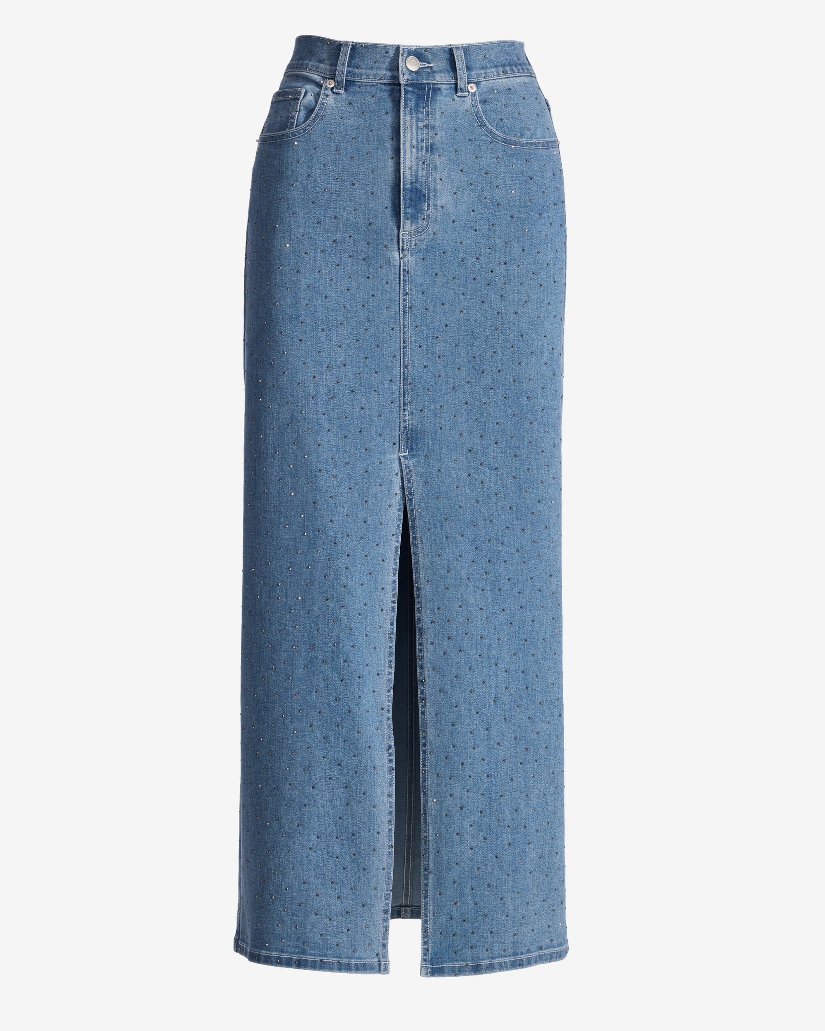 Front Slit Heat Set Midi Denim Skirt Light Med Wash